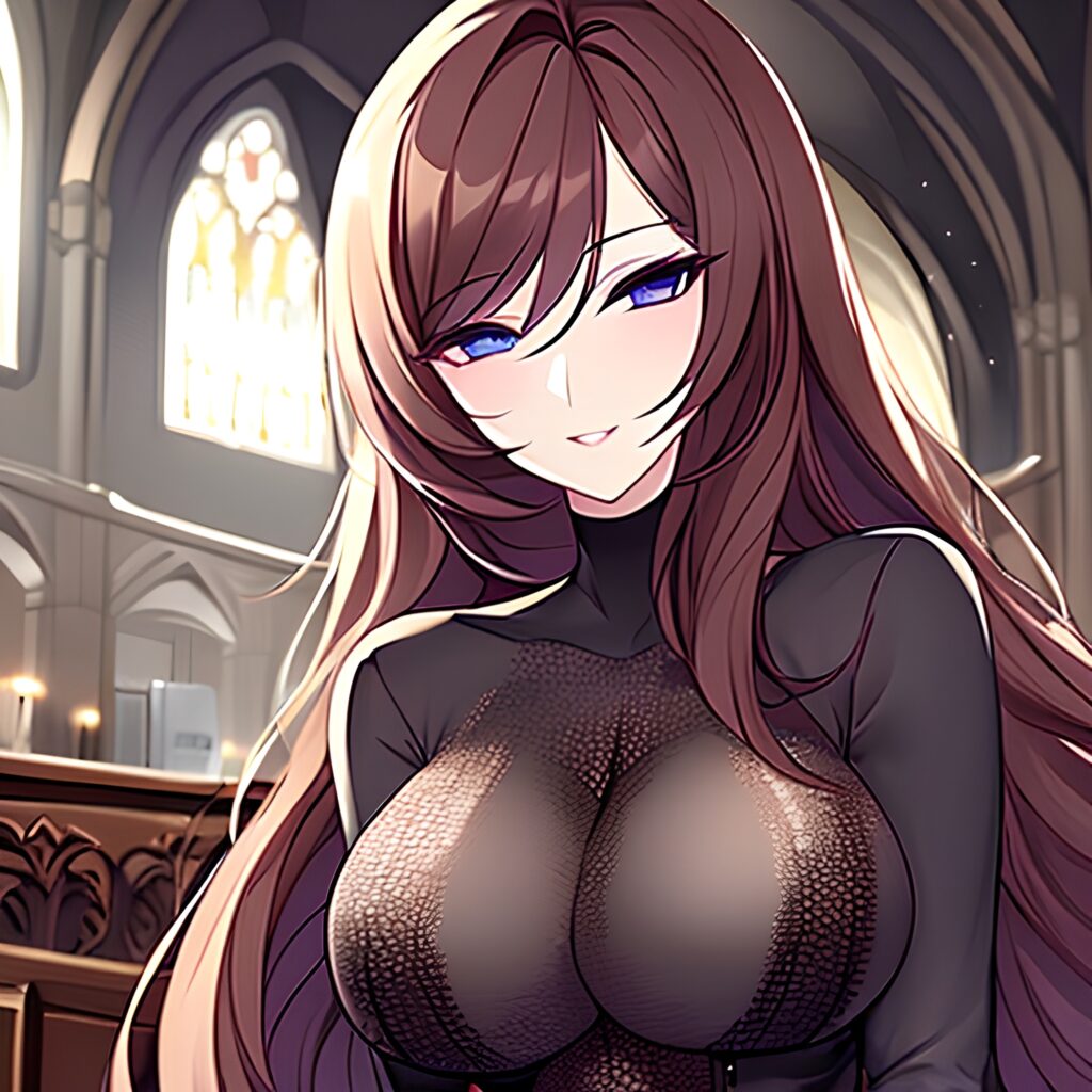 long hair church woman messy hair brunette fishnet 