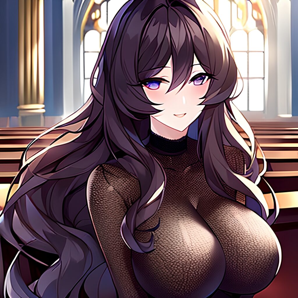 long hair church woman messy hair brunette fishnet 