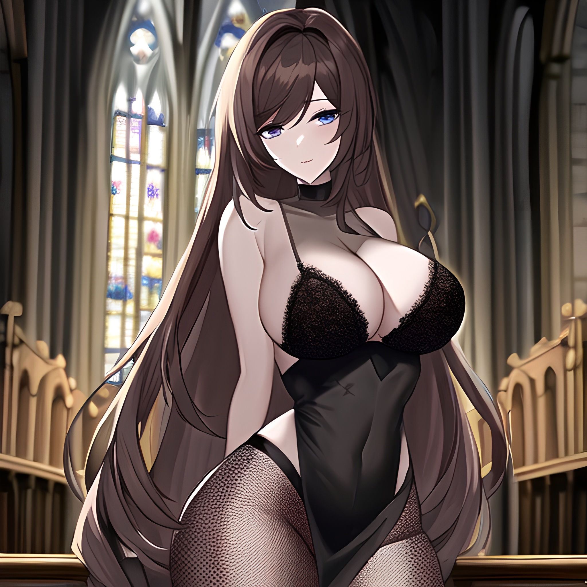 long hair church woman messy hair brunette fishnet