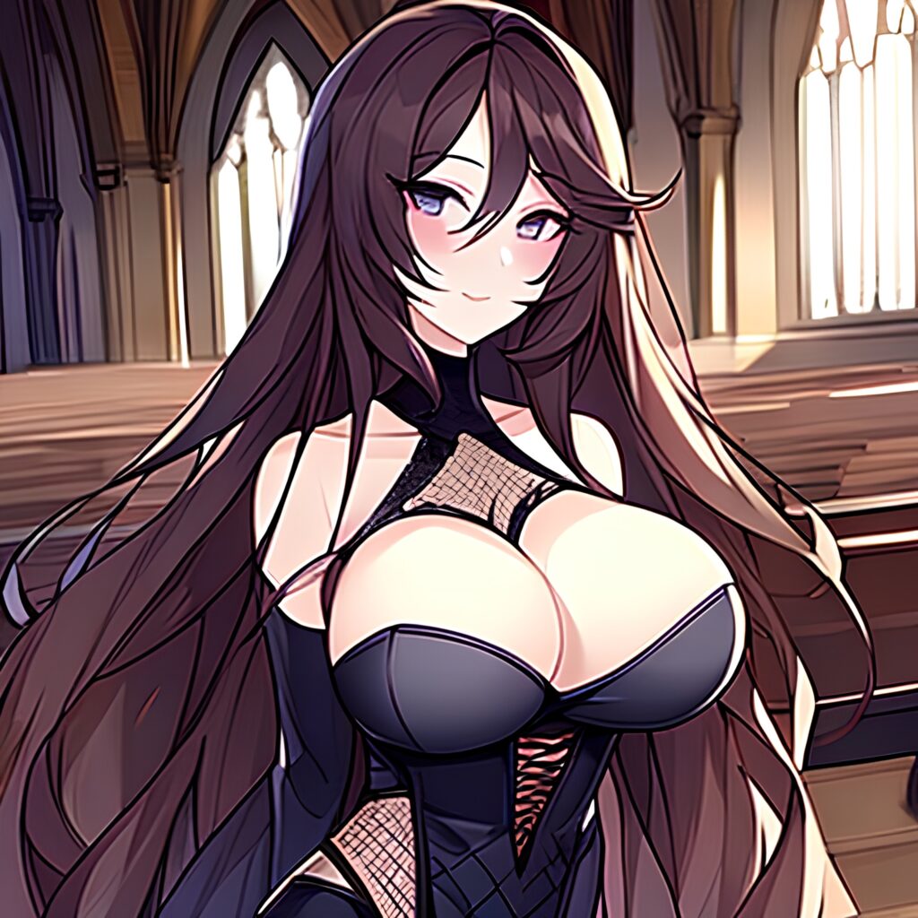 long hair church woman messy hair fishnet brunette 