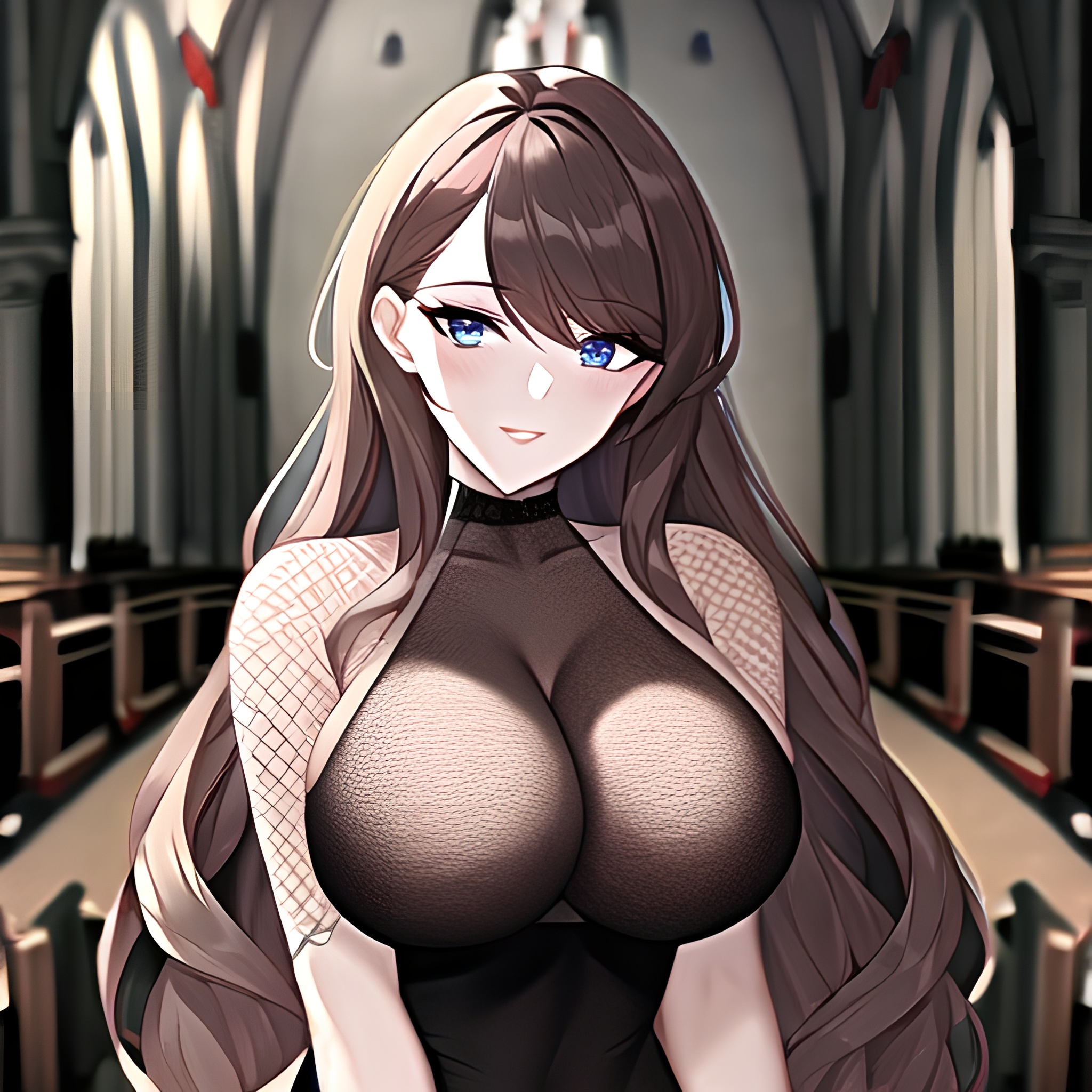 long hair church woman messy hair fishnet brunette 