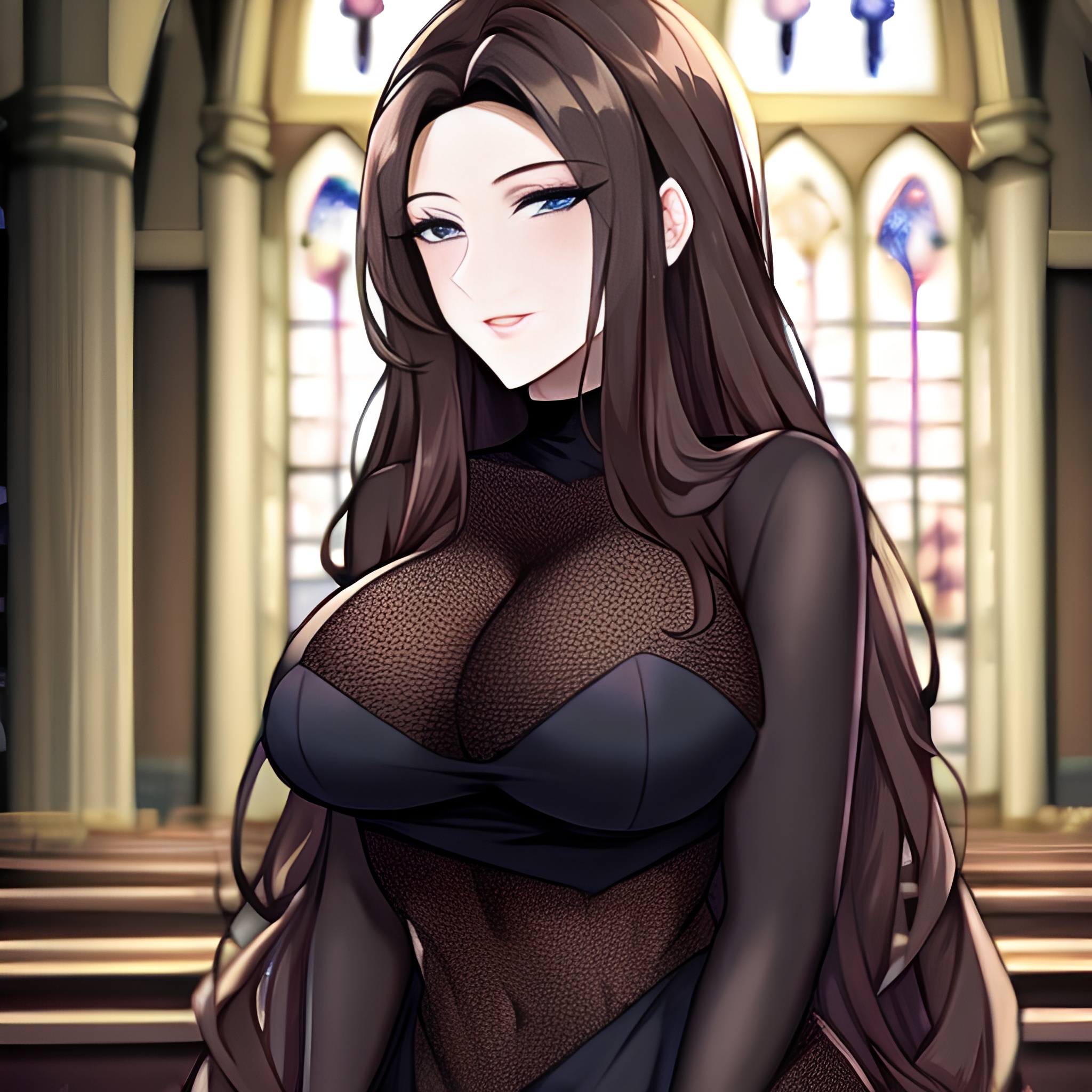 long hair church woman messy hair fishnet brunette 