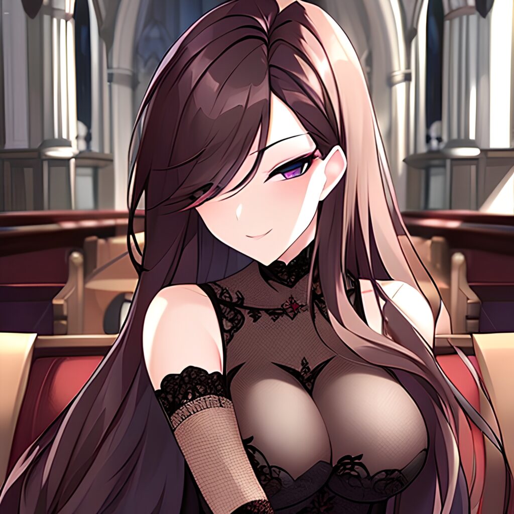 long hair church woman messy hair fishnet brunette