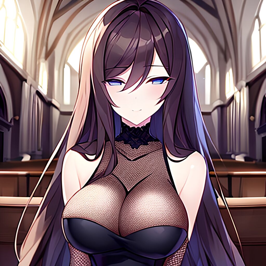 long hair church woman messy hair fishnet brunette