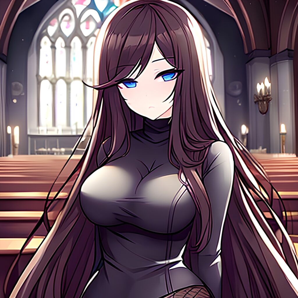 long hair church woman messy hair fishnet brunette 