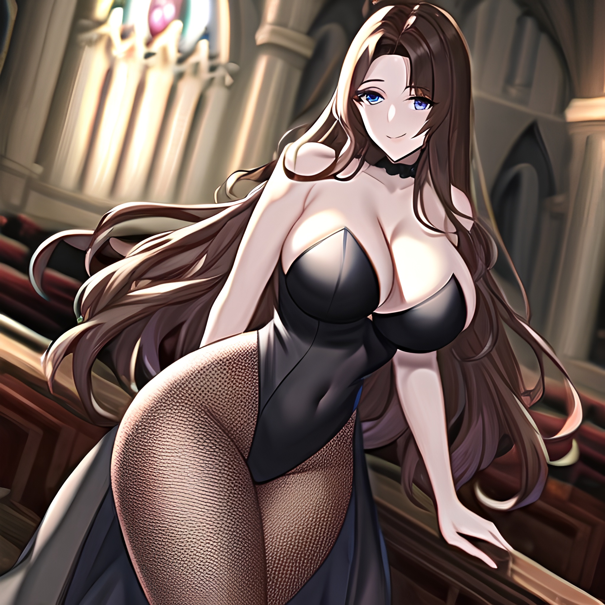 long hair church woman messy hair fishnet brunette 
