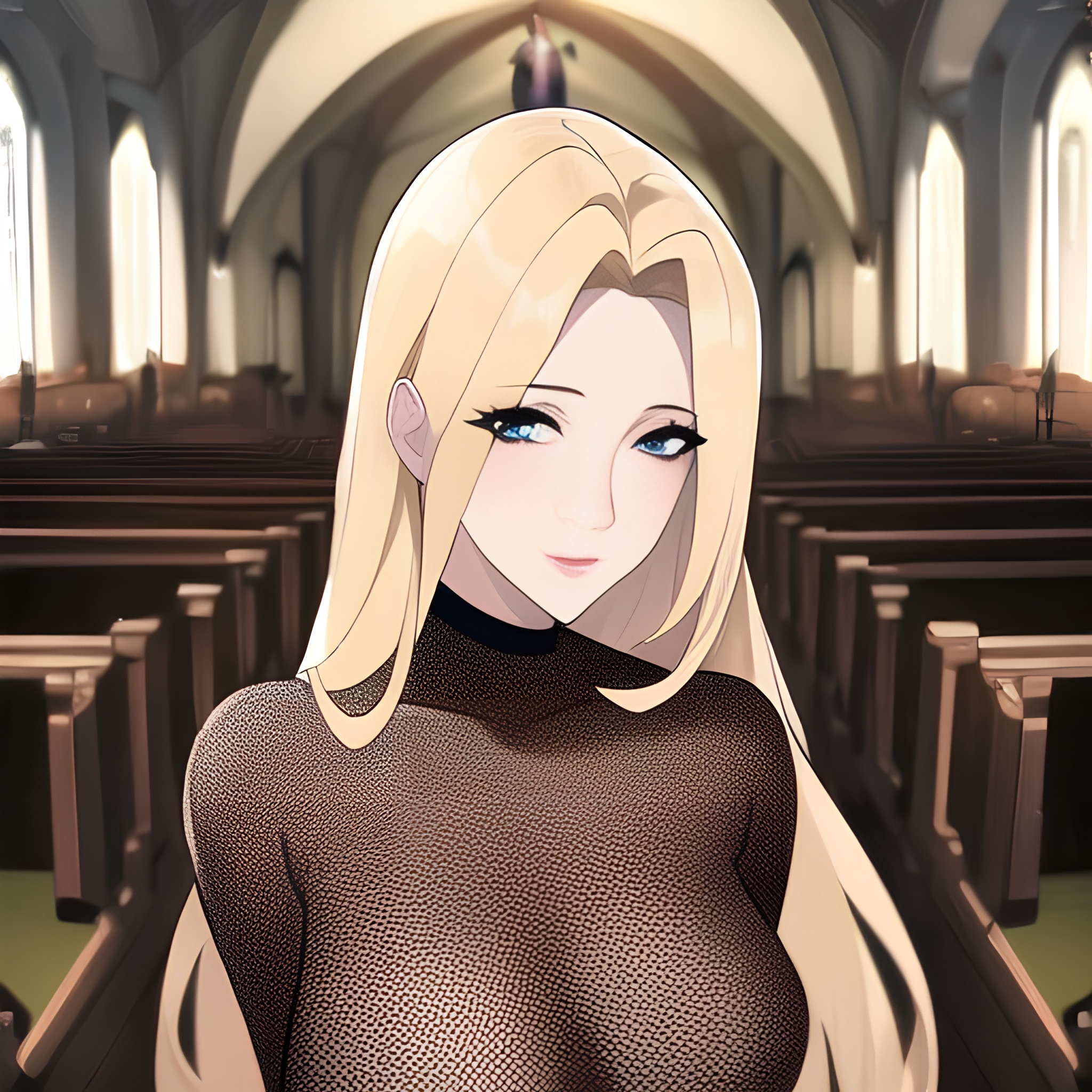 long hair church woman nude front view blonde fishnet small boobs