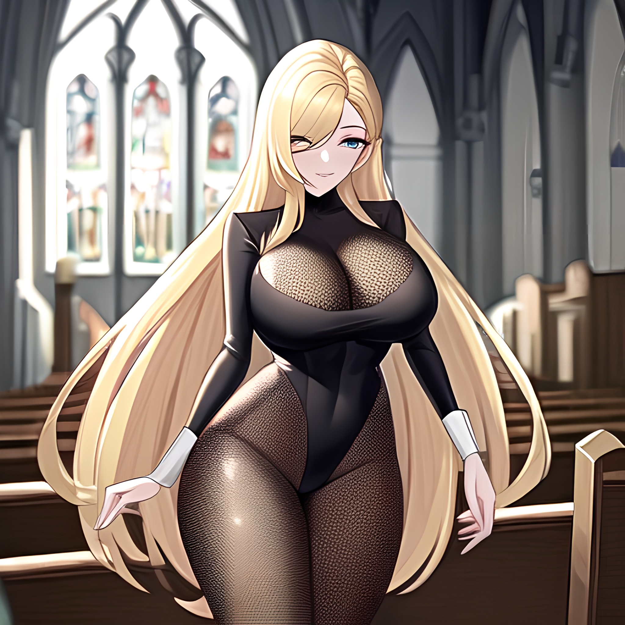 long hair fishnet blonde church woman 