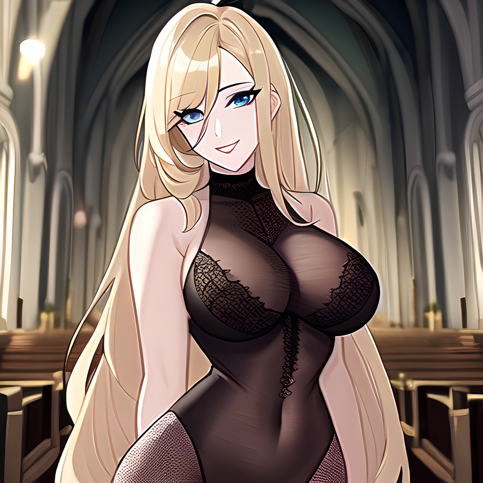 long hair fishnet blonde church woman 