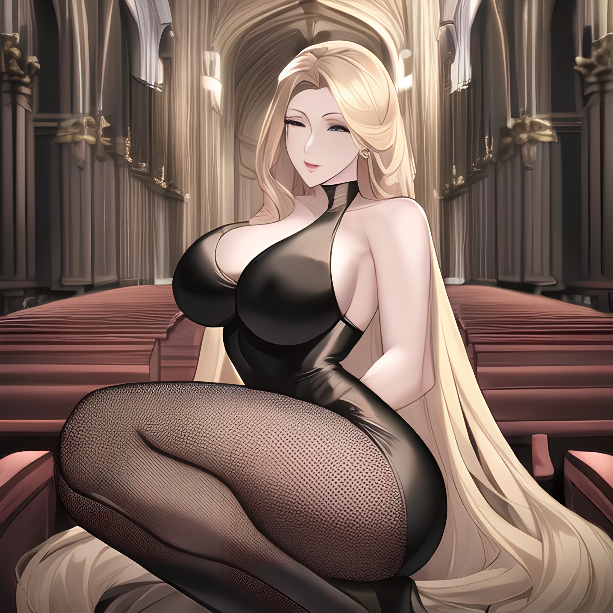 long hair fishnet blonde nude front view church woman small boobs 