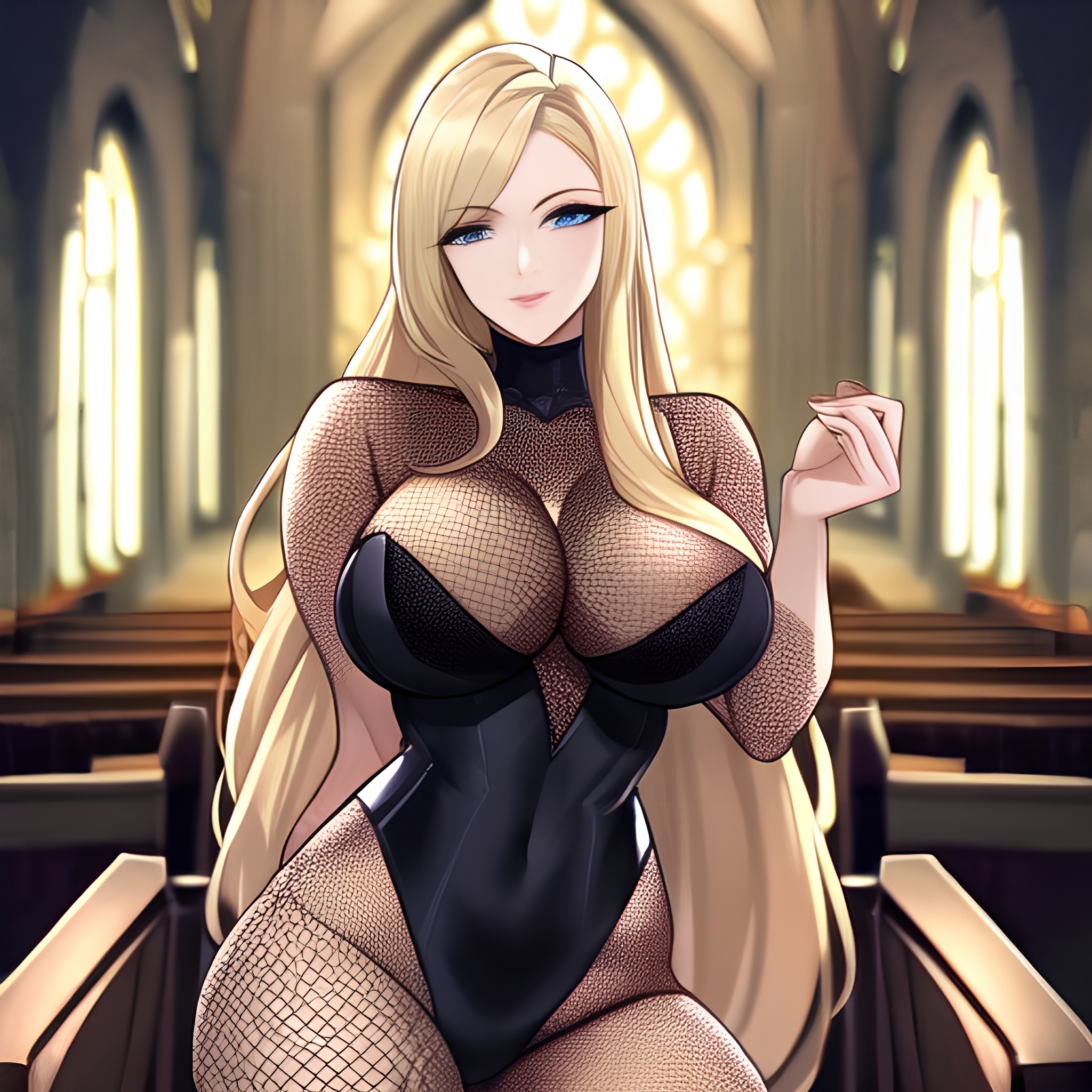 long hair fishnet blonde woman church 