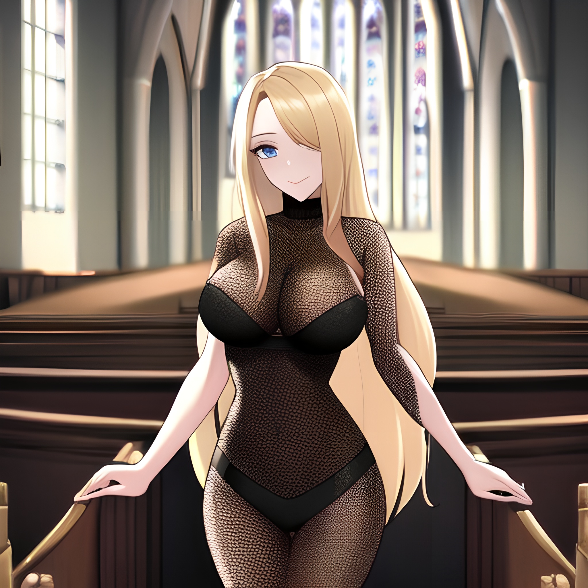 long hair fishnet blonde woman church 