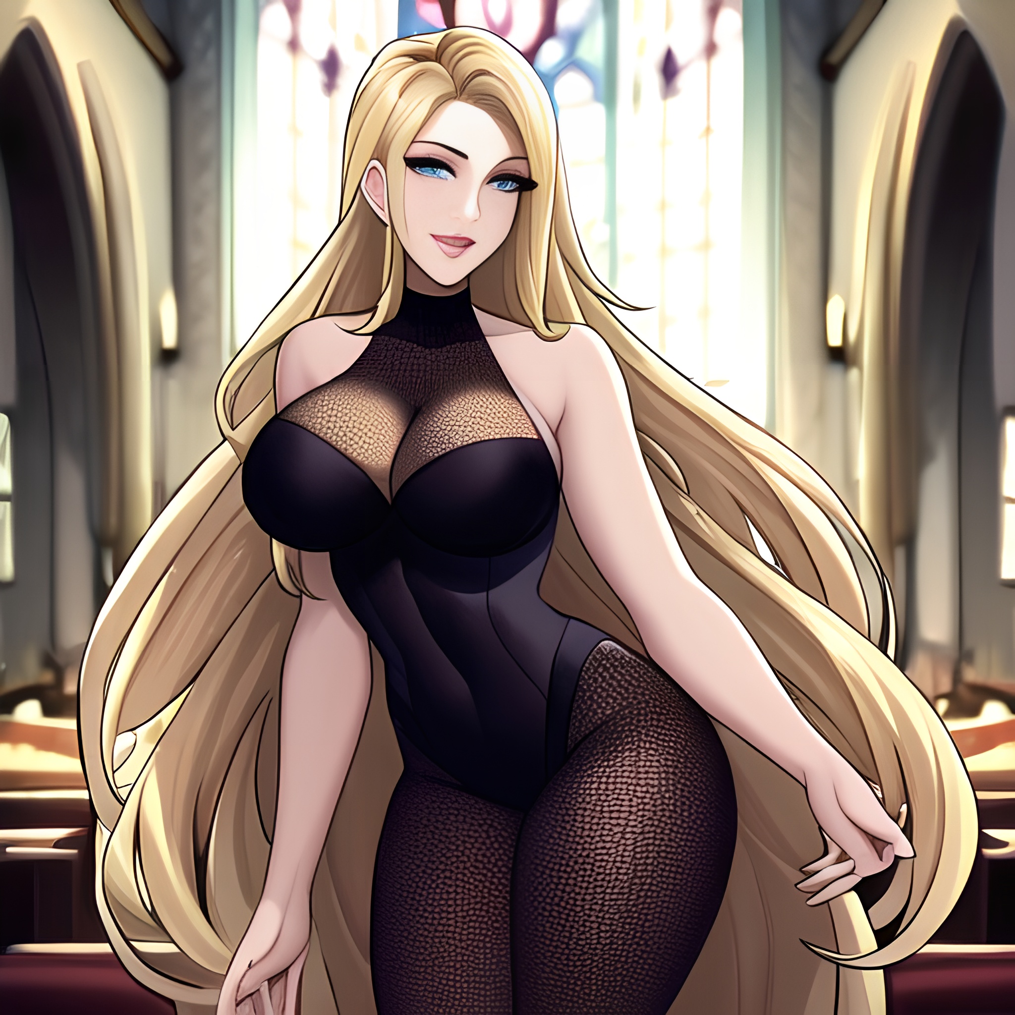 long hair fishnet blonde woman church 