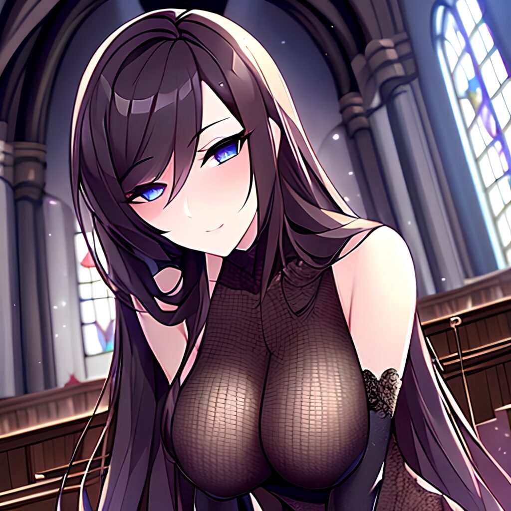 long hair fishnet brunette church woman messy hair 
