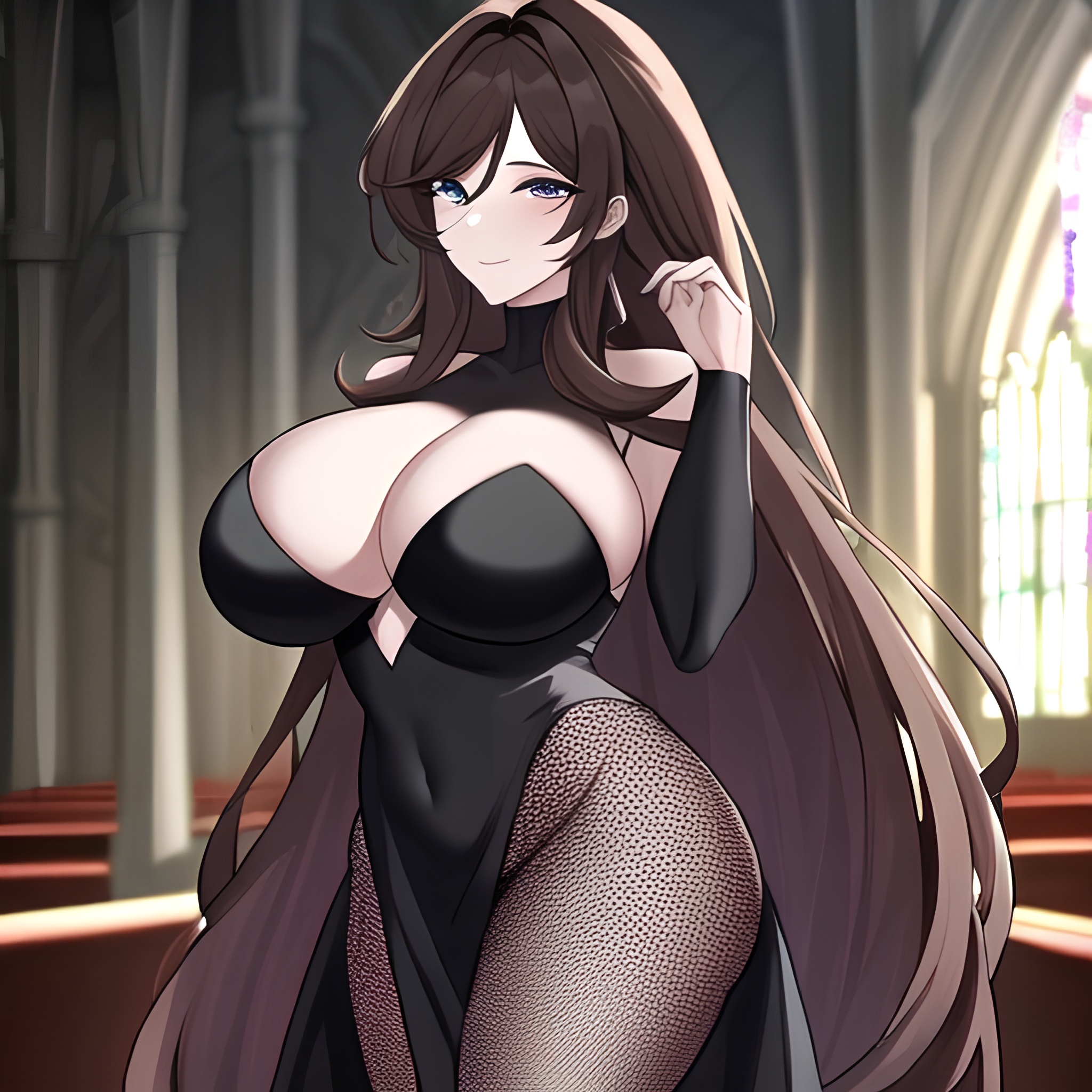 long hair fishnet brunette messy hair church woman 