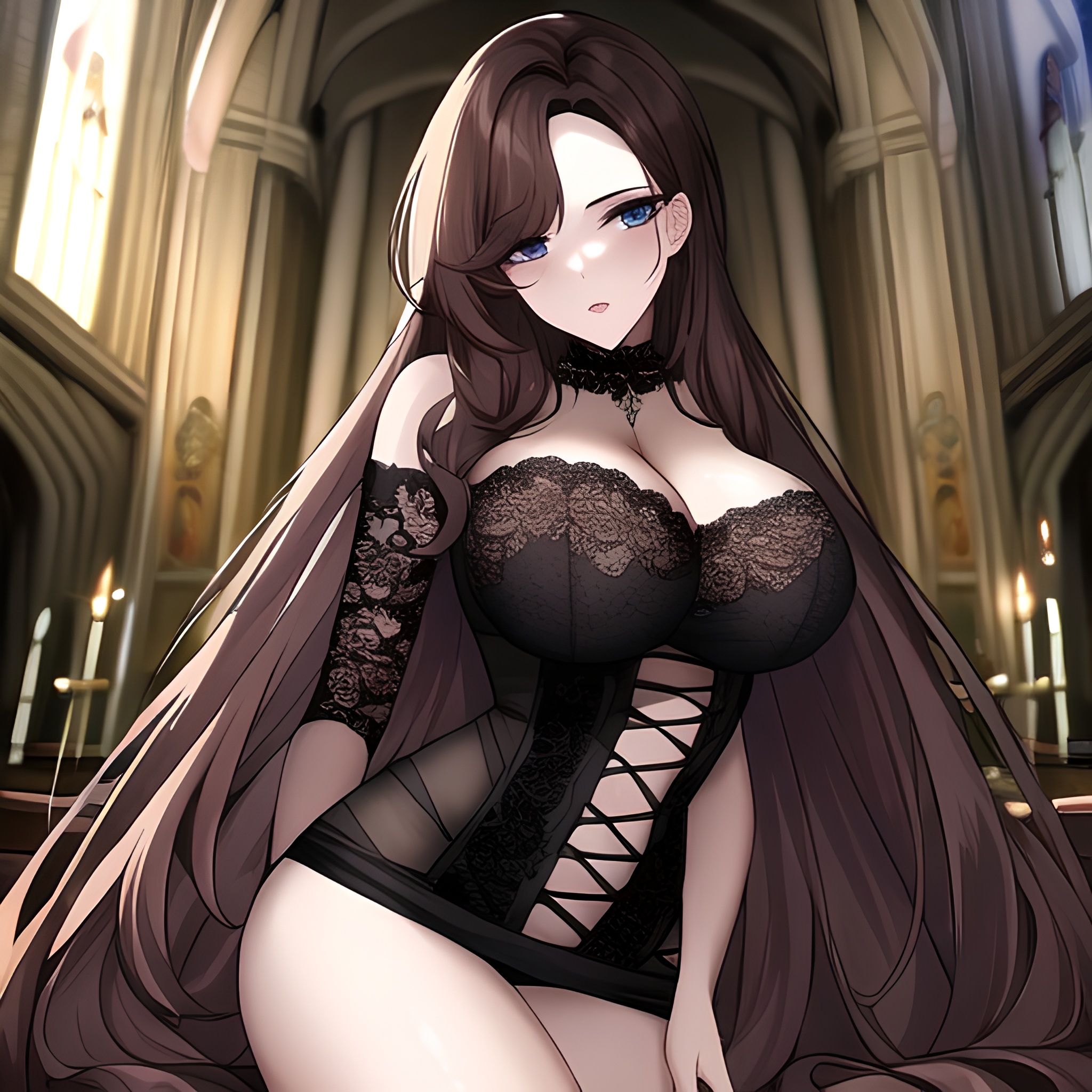 long hair fishnet brunette messy hair church woman 