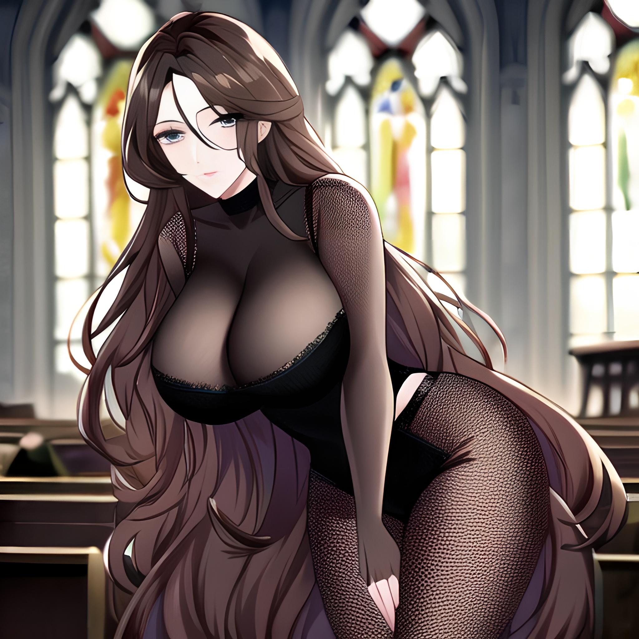 long hair fishnet brunette messy hair church woman 