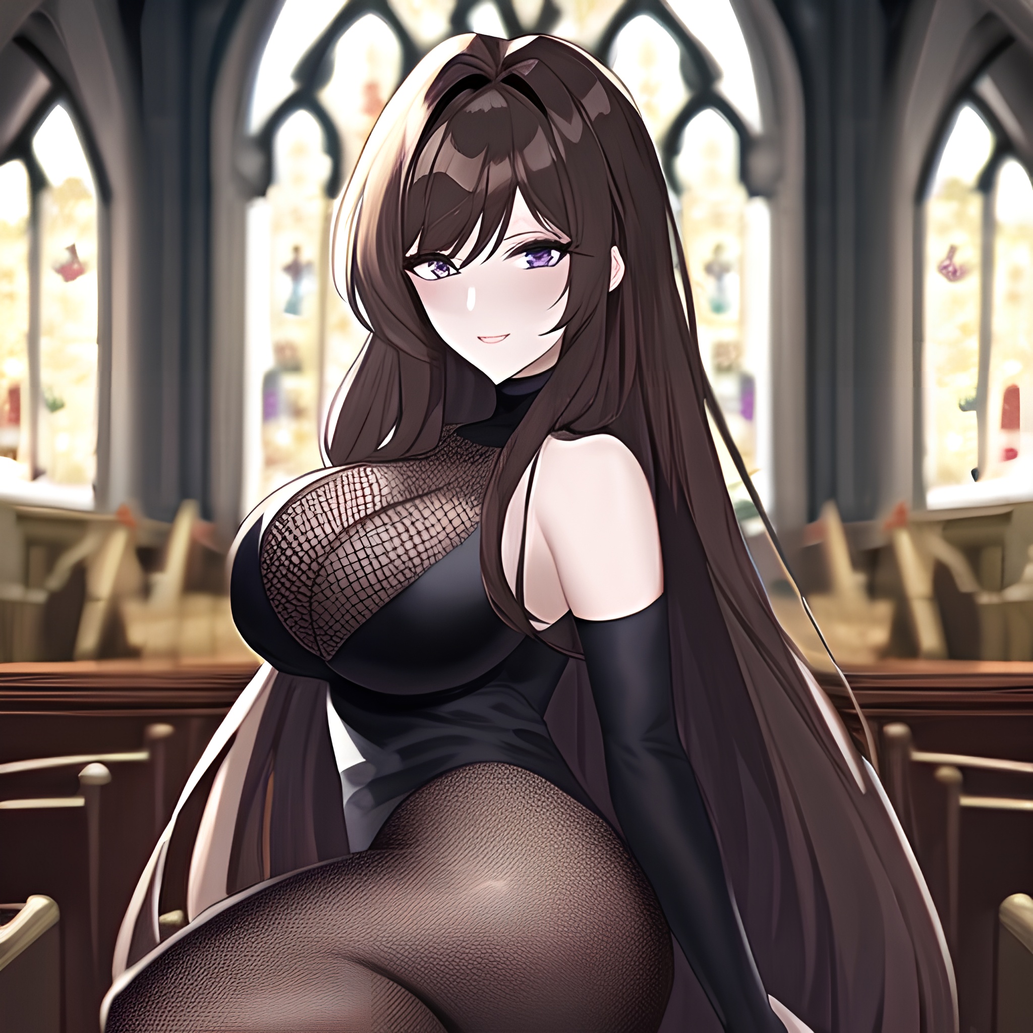 long hair fishnet brunette messy hair church woman 