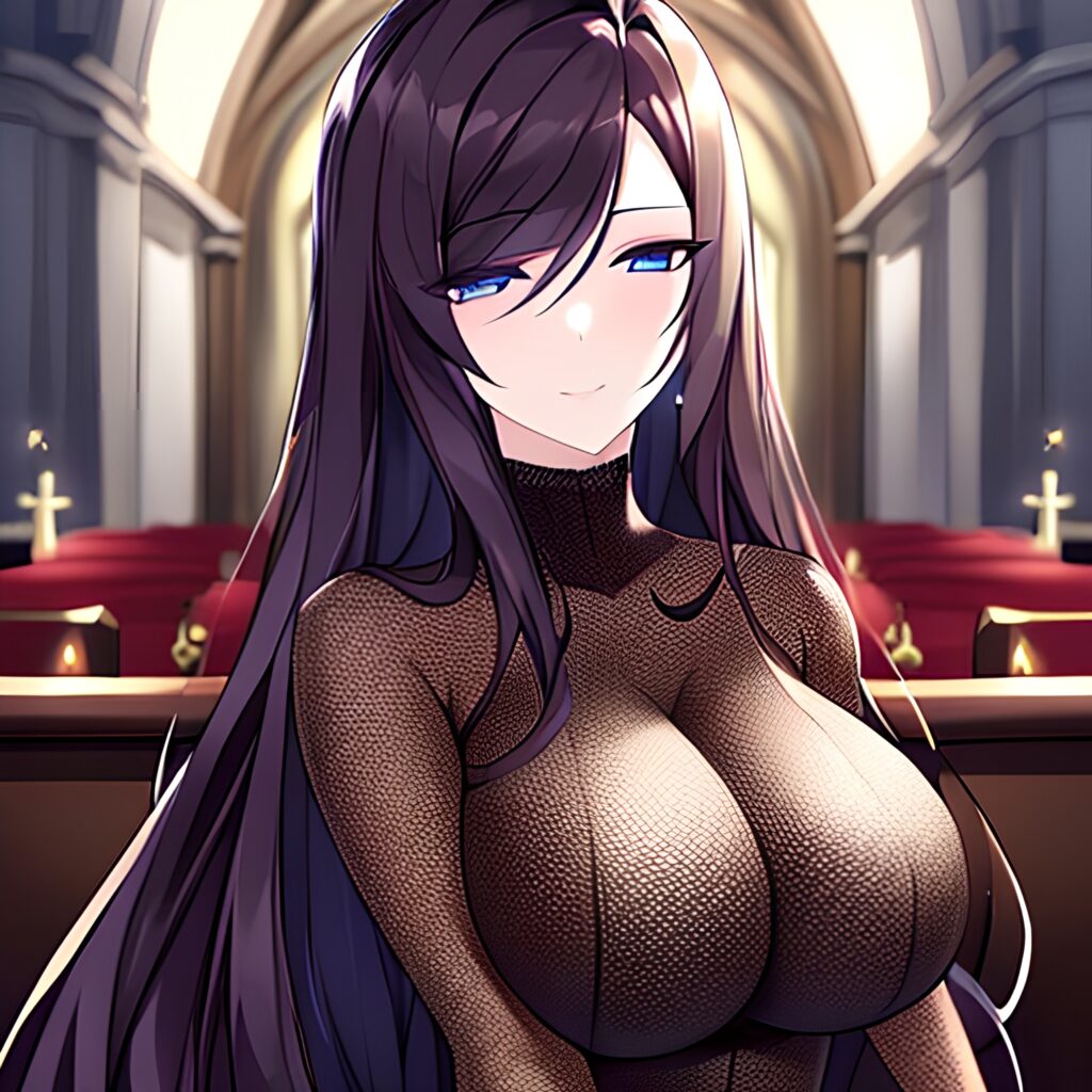 long hair fishnet brunette messy hair church woman 