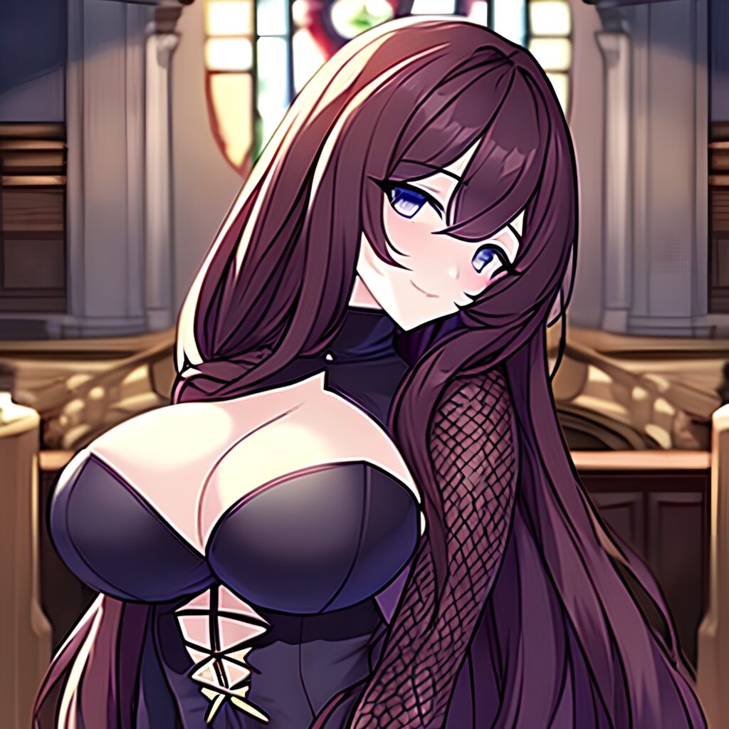 long hair fishnet brunette messy hair church woman 