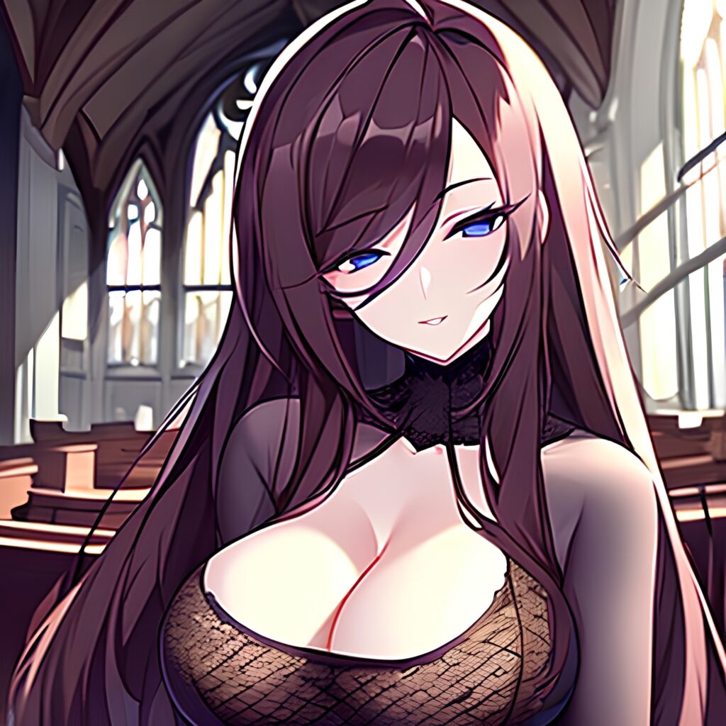 long hair fishnet brunette messy hair woman church 