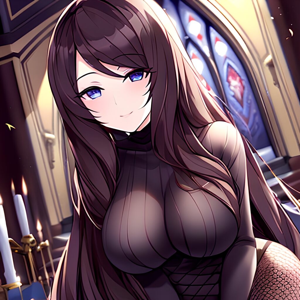 long hair fishnet brunette messy hair woman church 