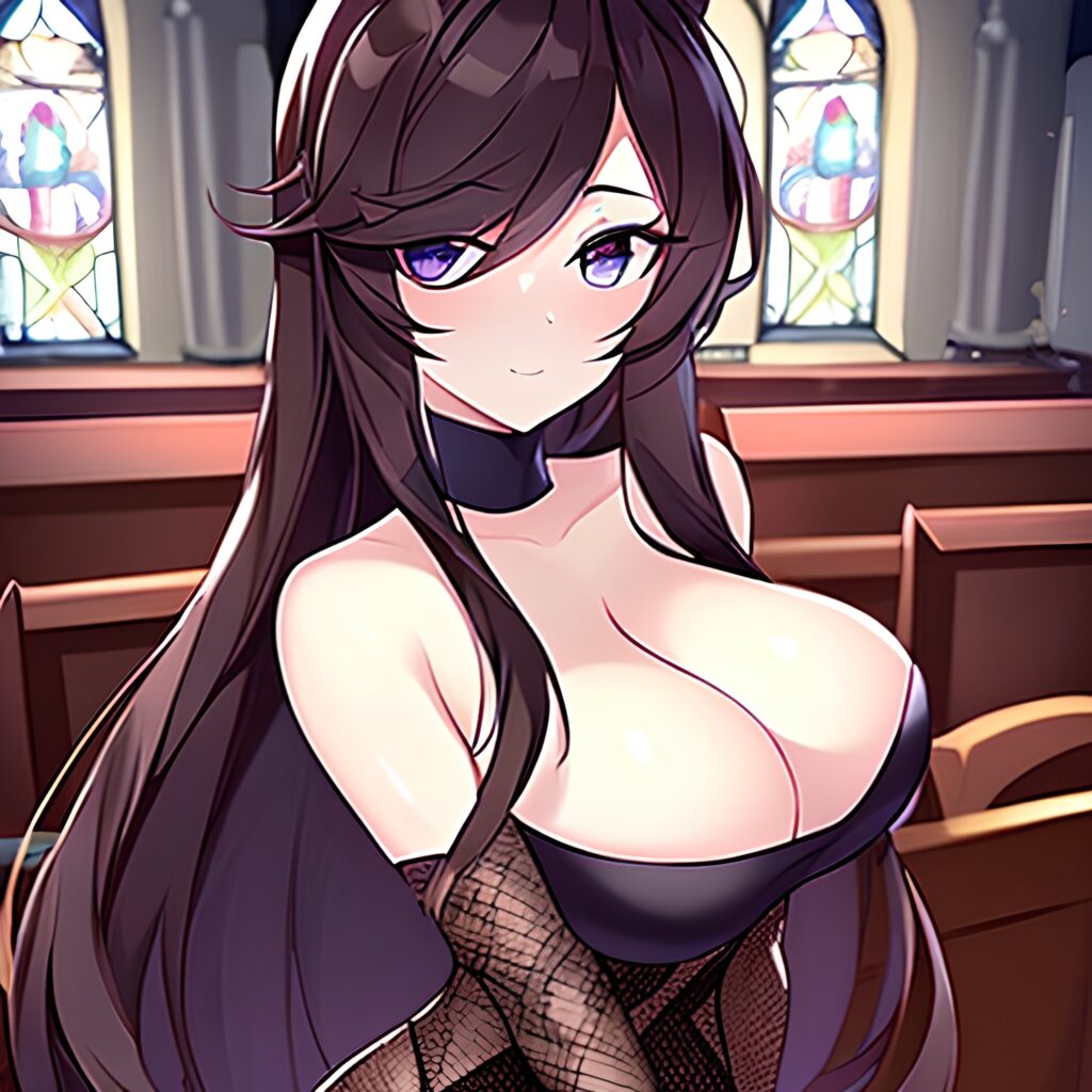 long hair fishnet brunette woman church messy hair 