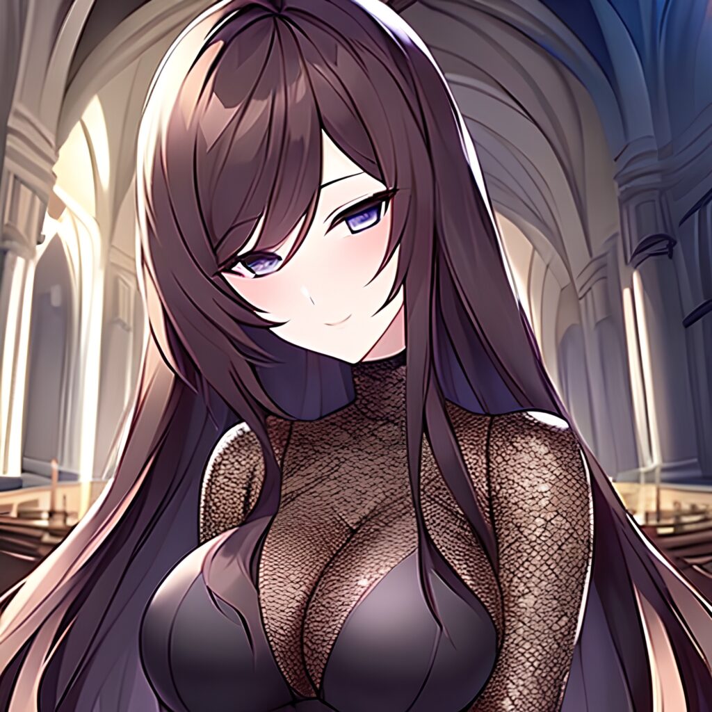 long hair fishnet brunette woman church messy hair 