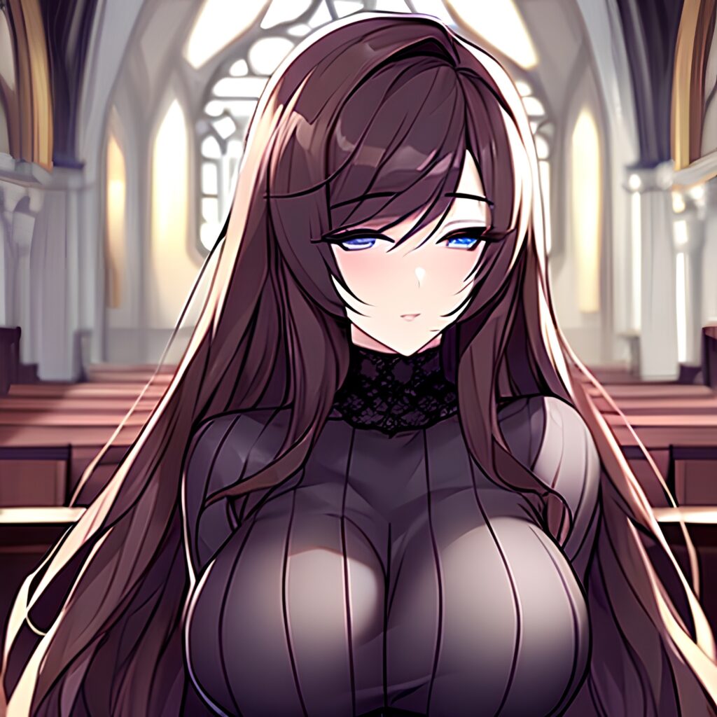 long hair fishnet brunette woman church messy hair 