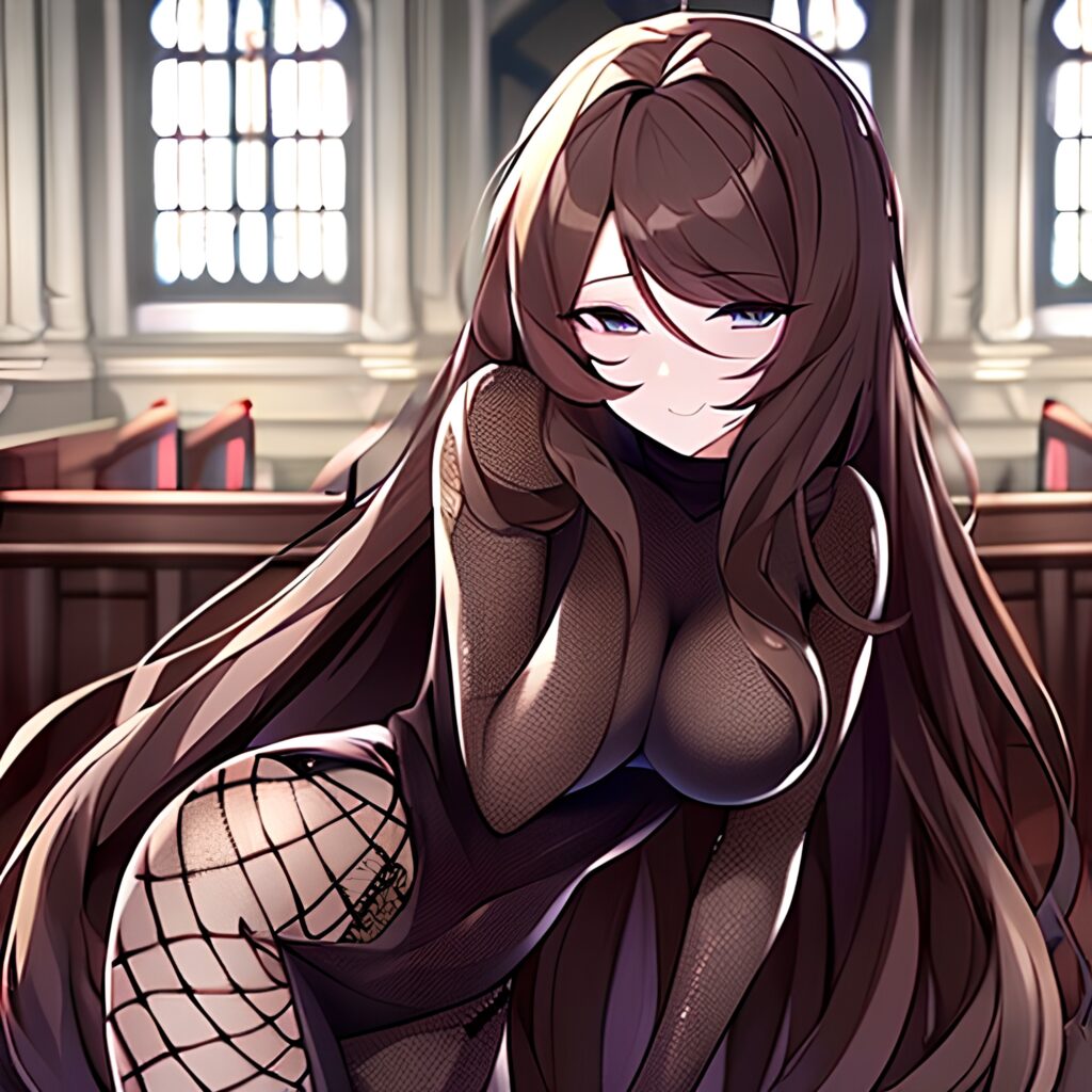 long hair fishnet brunette woman messy hair church