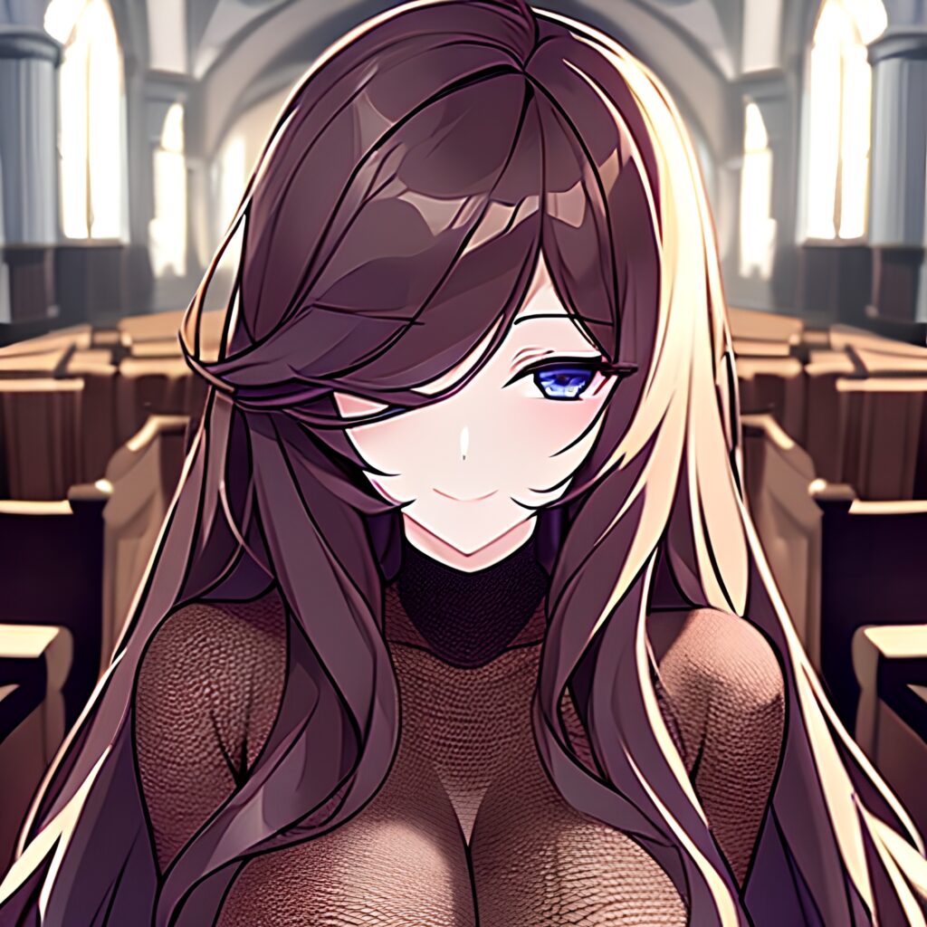 long hair fishnet brunette woman messy hair church 