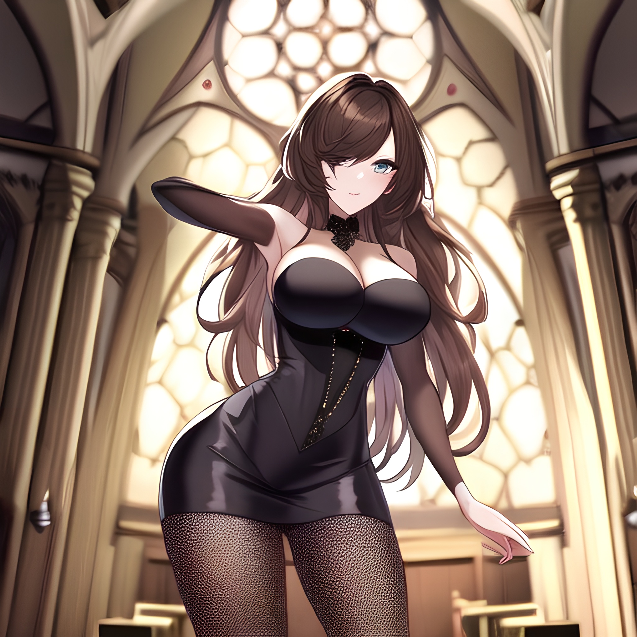 long hair fishnet brunette woman messy hair church 