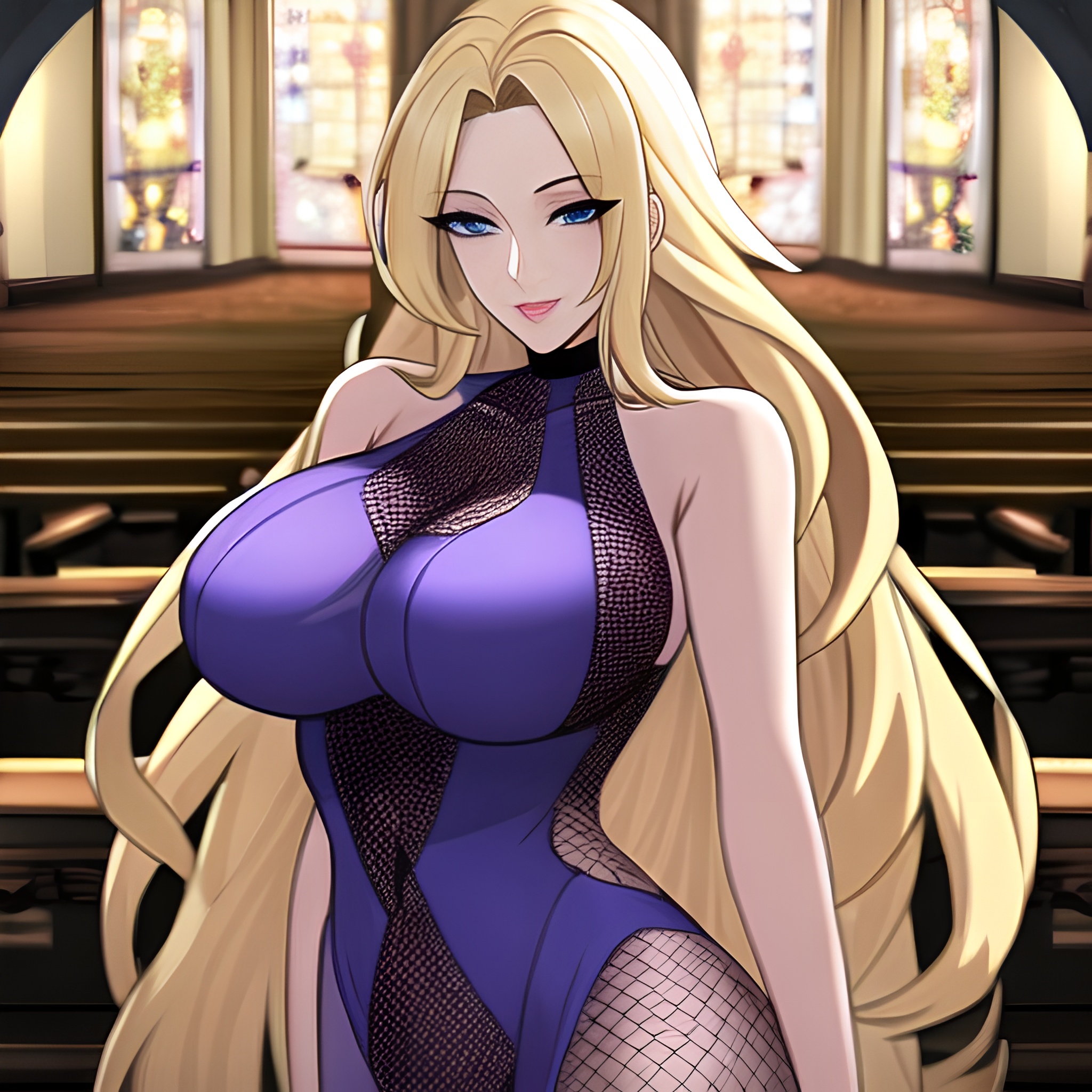 long hair fishnet church blonde woman