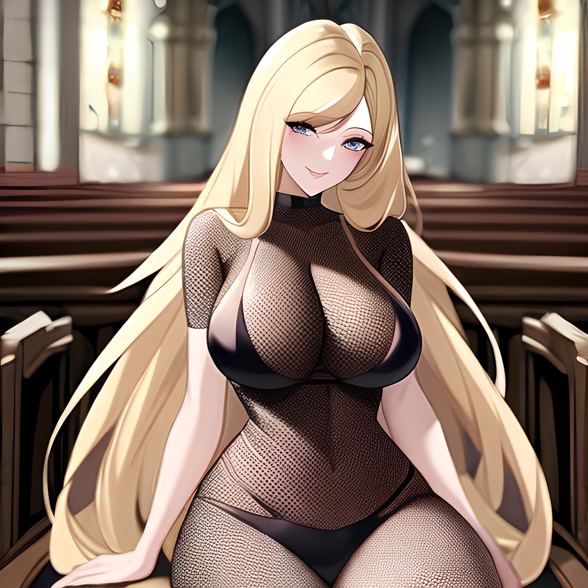 long hair fishnet church blonde woman