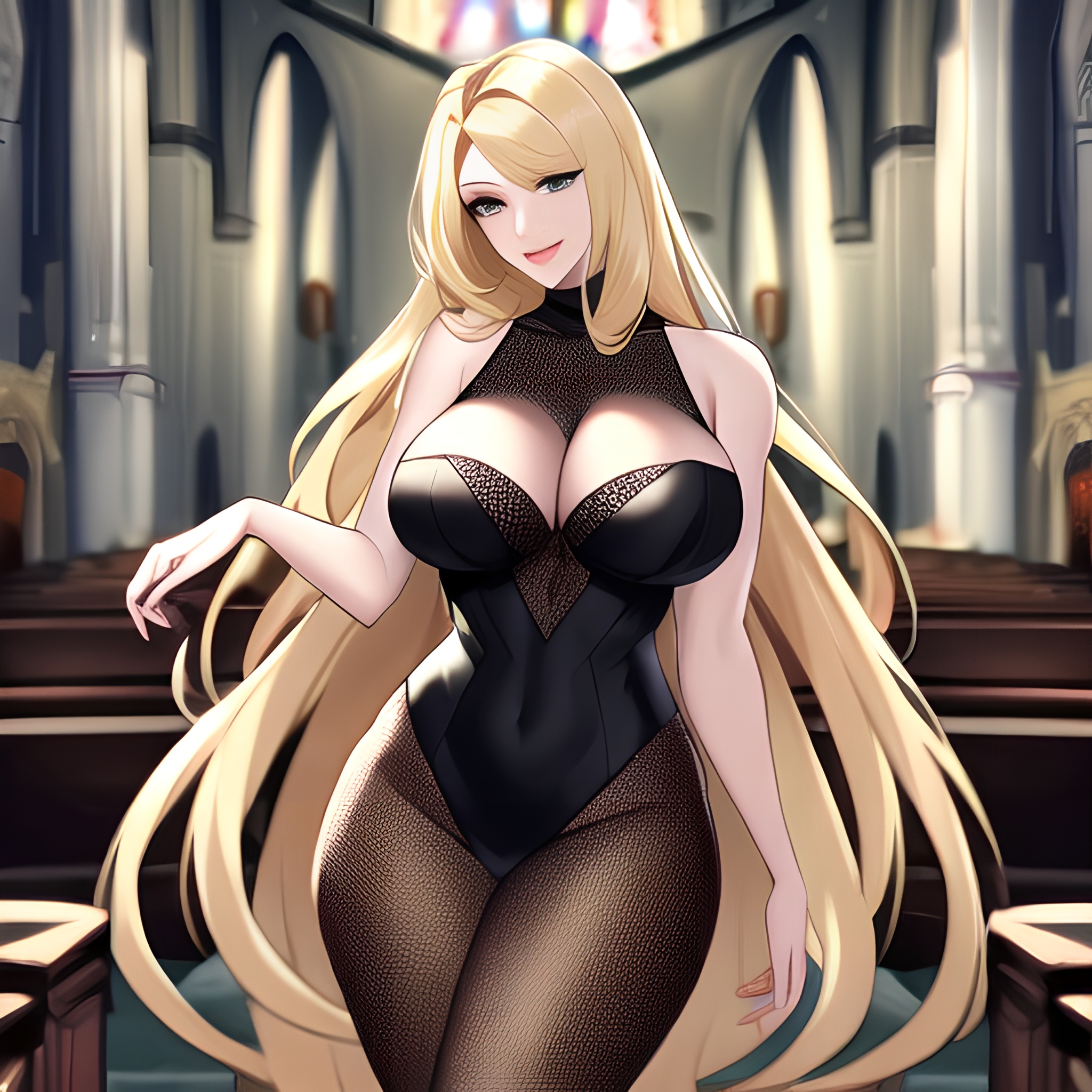 long hair fishnet church blonde woman