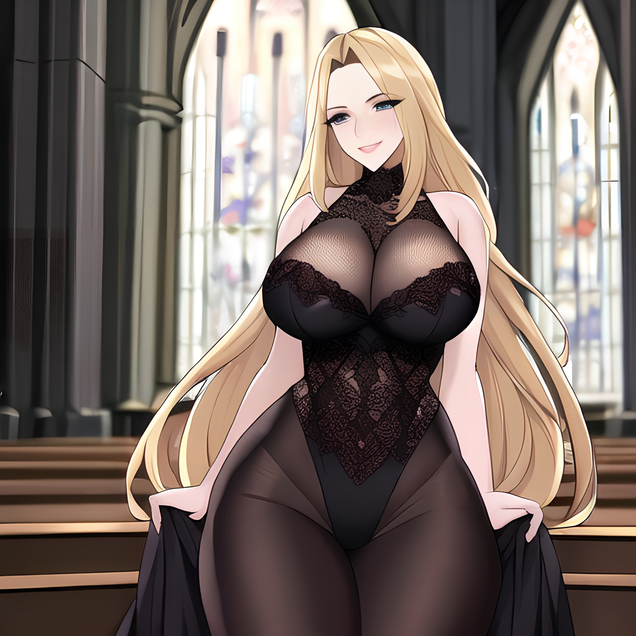 long hair fishnet church blonde woman 