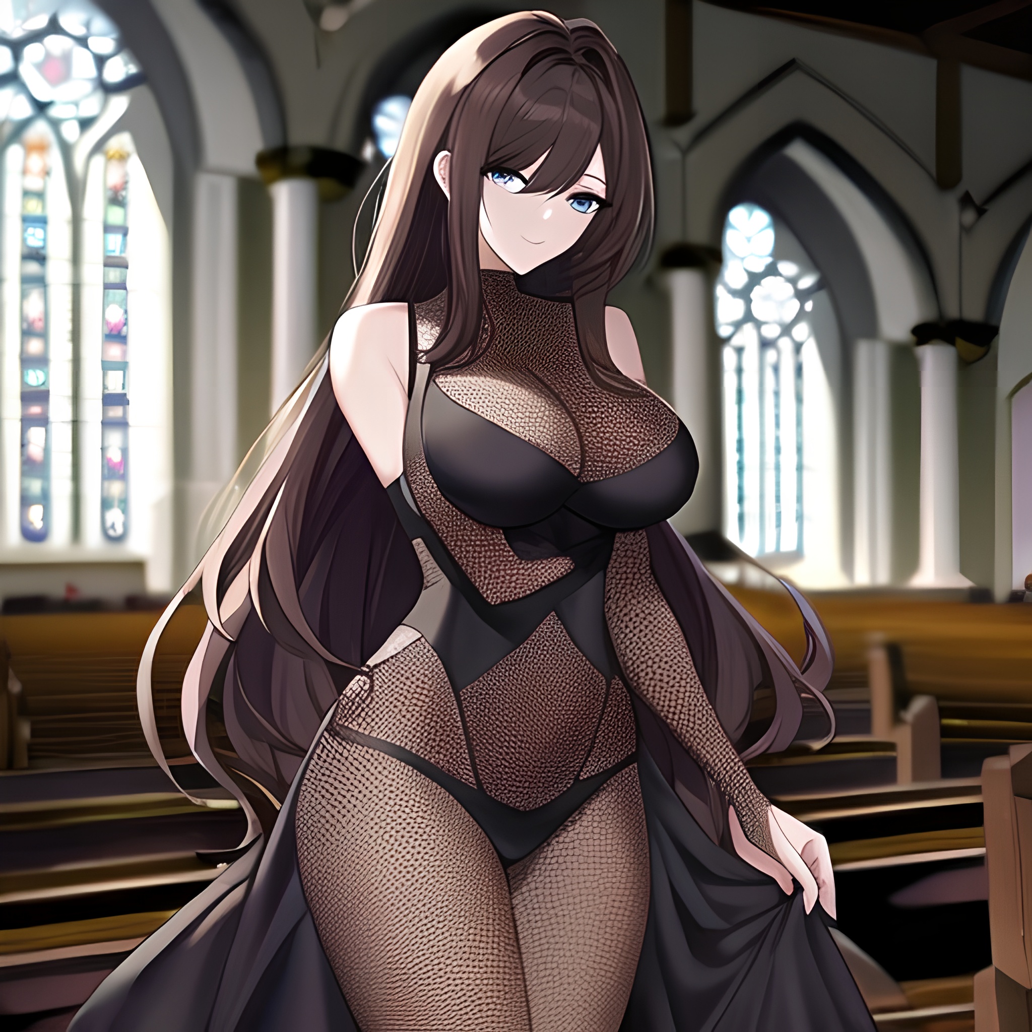 long hair fishnet church brunette messy hair woman 