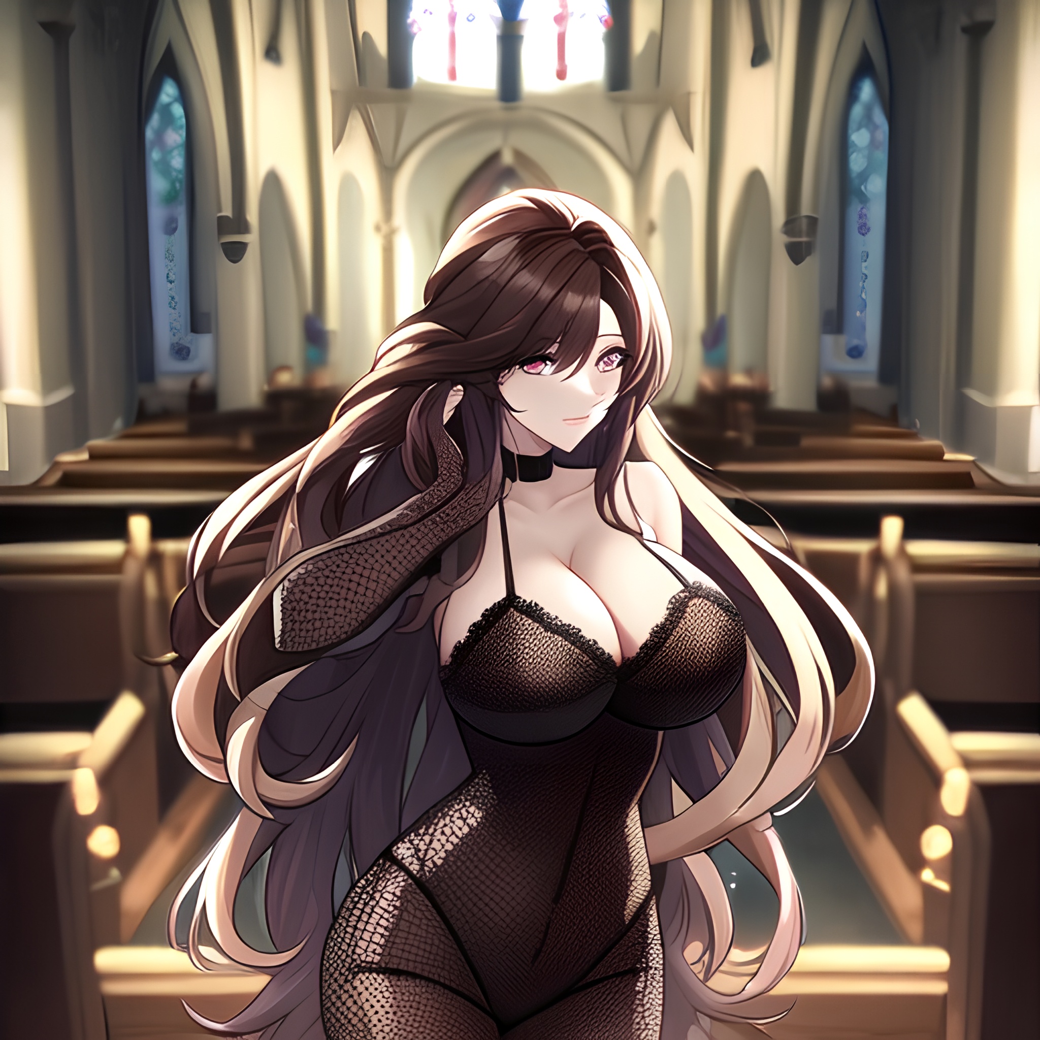 long hair fishnet church brunette messy hair woman 