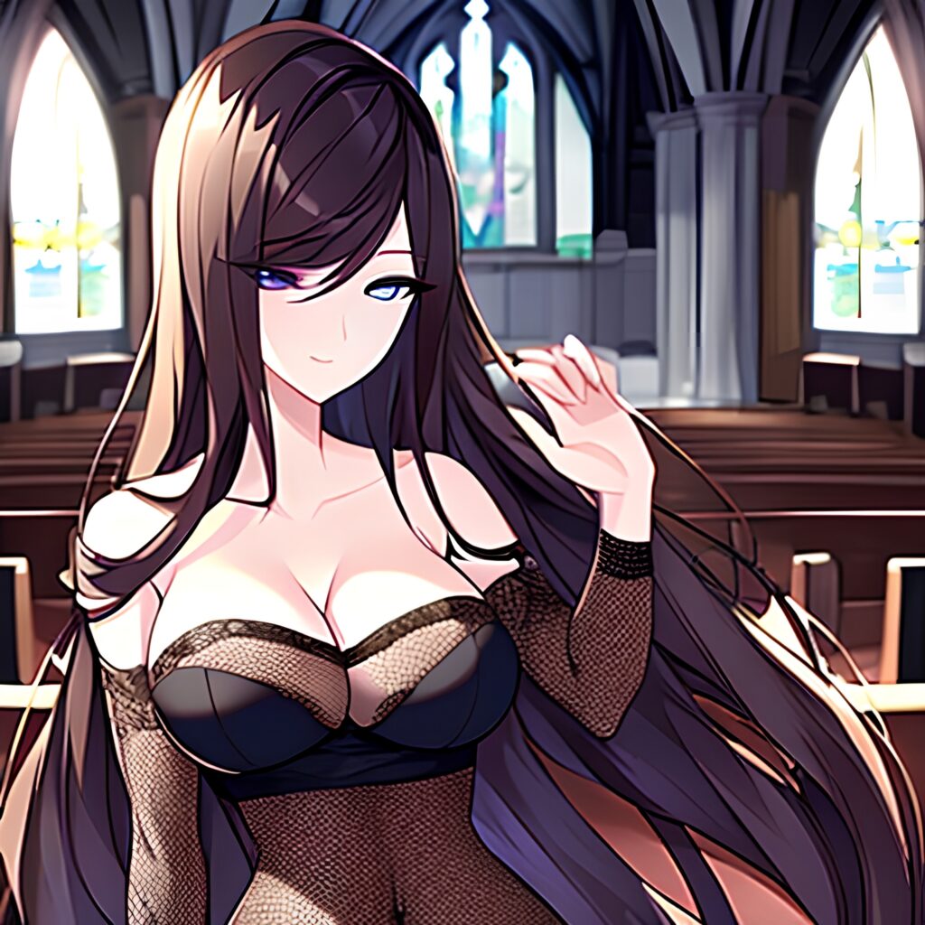 long hair fishnet church brunette messy hair woman 