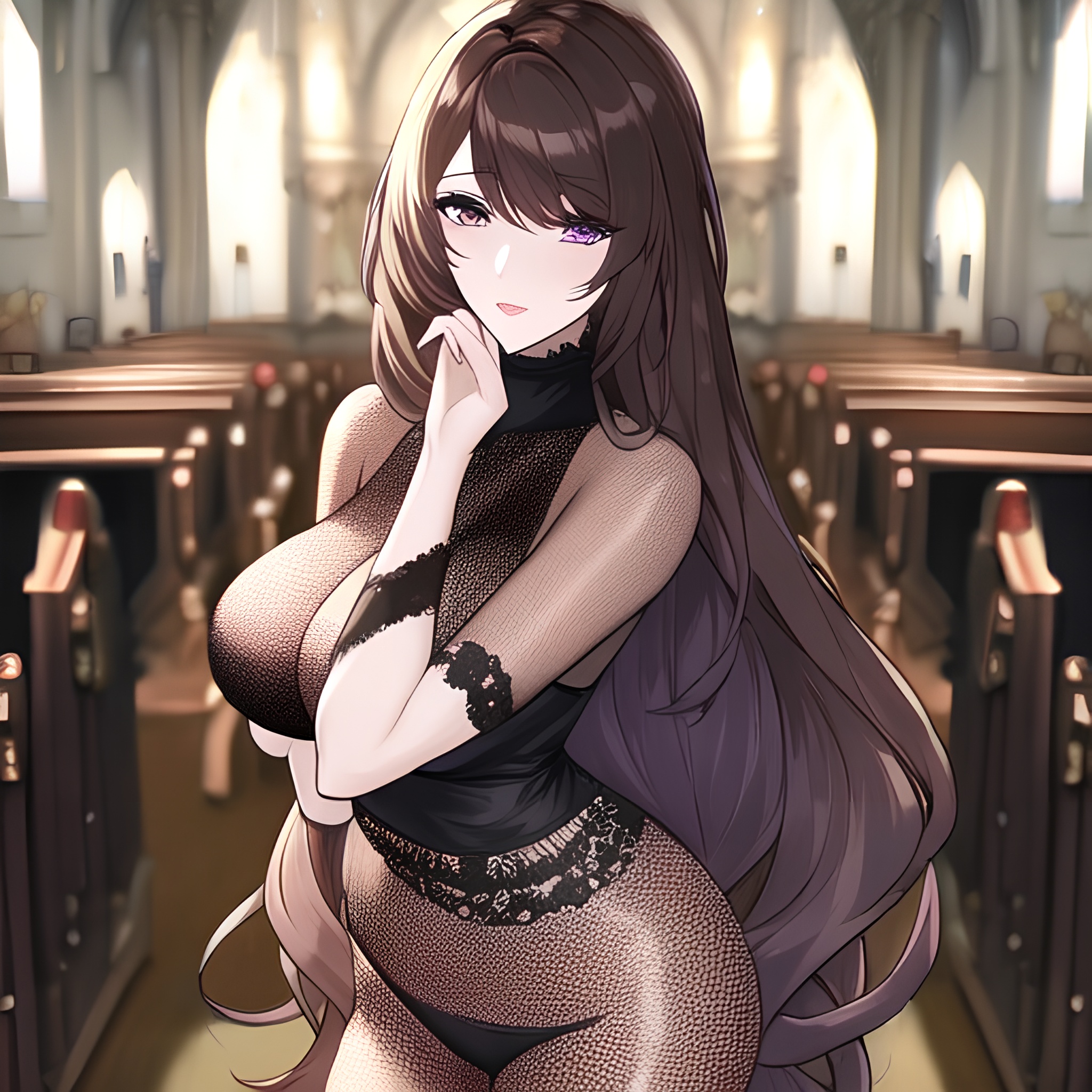 long hair fishnet church brunette messy hair woman 