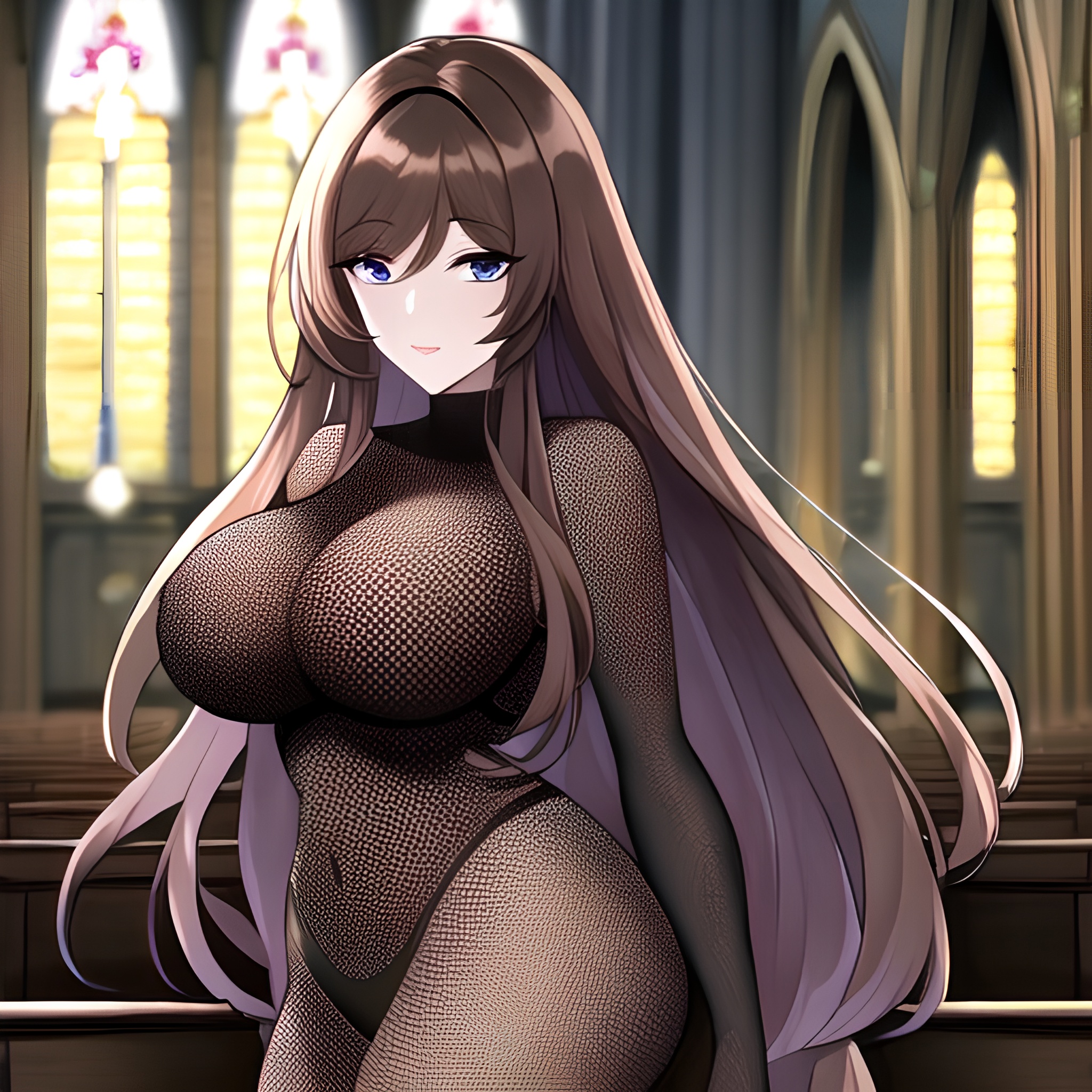 long hair fishnet church brunette woman messy hair 