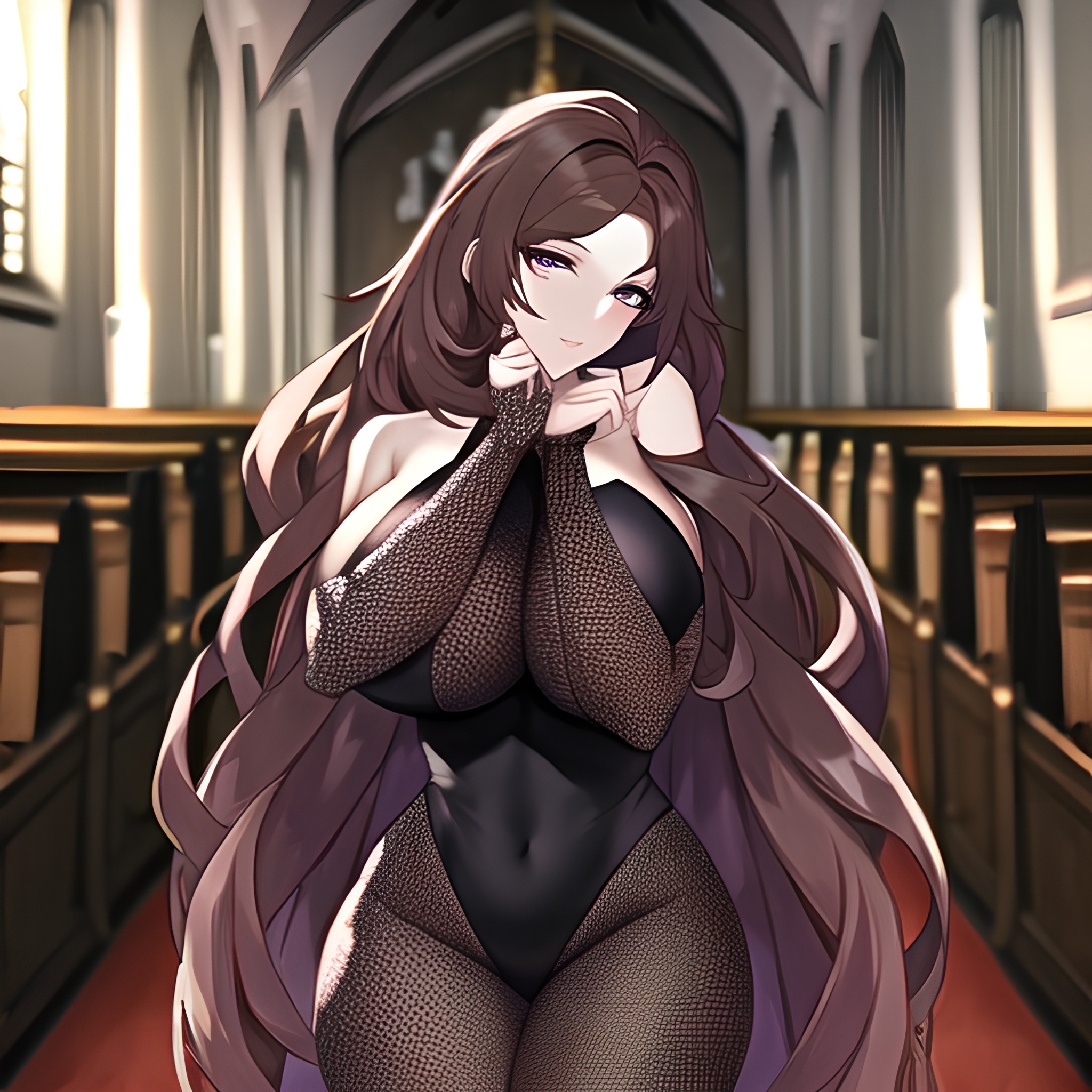 long hair fishnet church messy hair brunette woman 