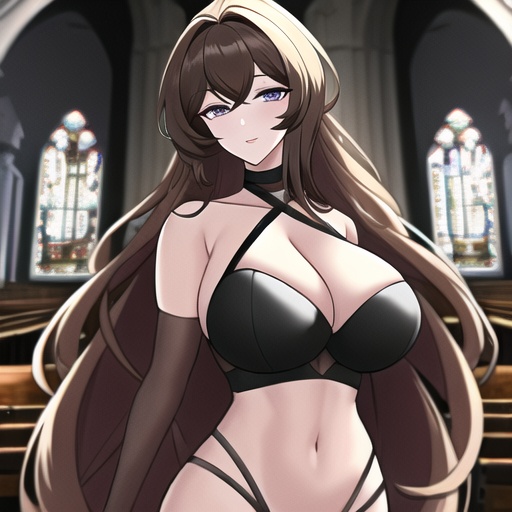 long hair fishnet church messy hair brunette woman 