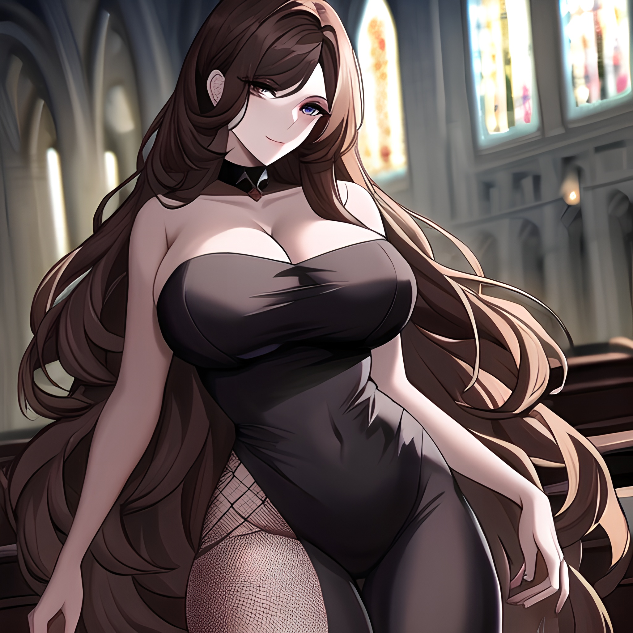 long hair fishnet church messy hair brunette woman 