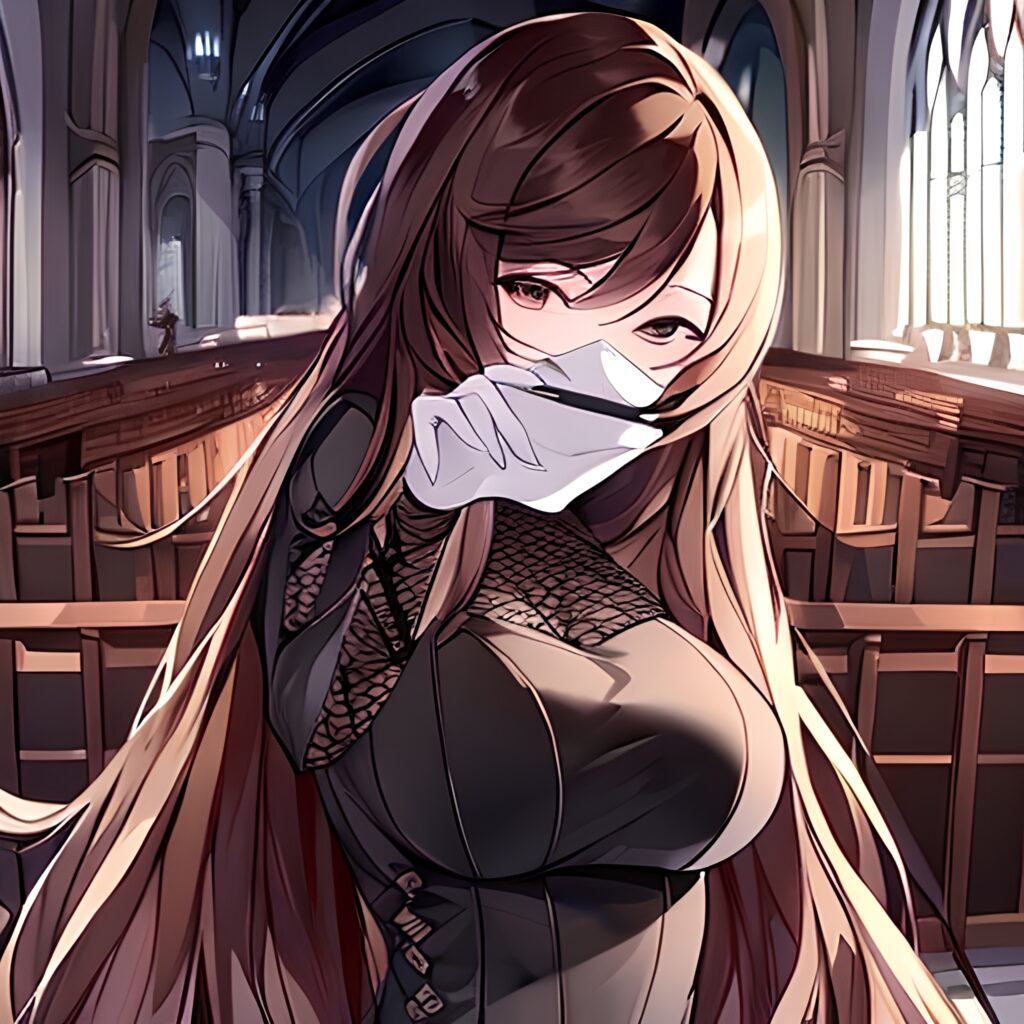 long hair fishnet church messy hair brunette woman 