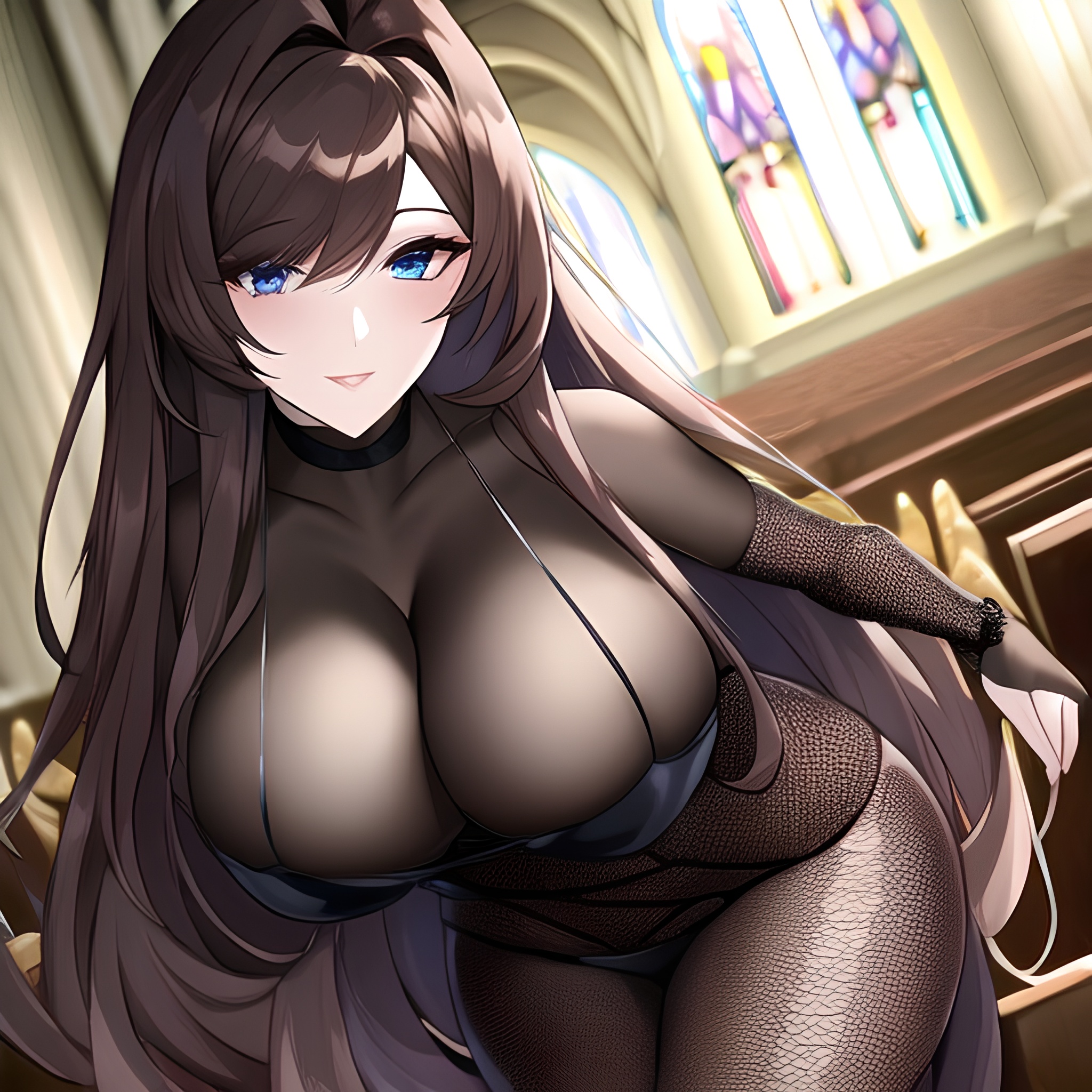 long hair fishnet church messy hair brunette woman 