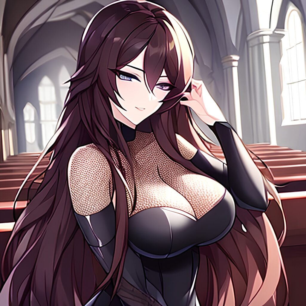 long hair fishnet church messy hair brunette woman