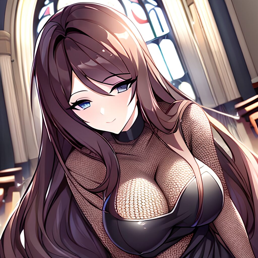 long hair fishnet church messy hair woman brunette 