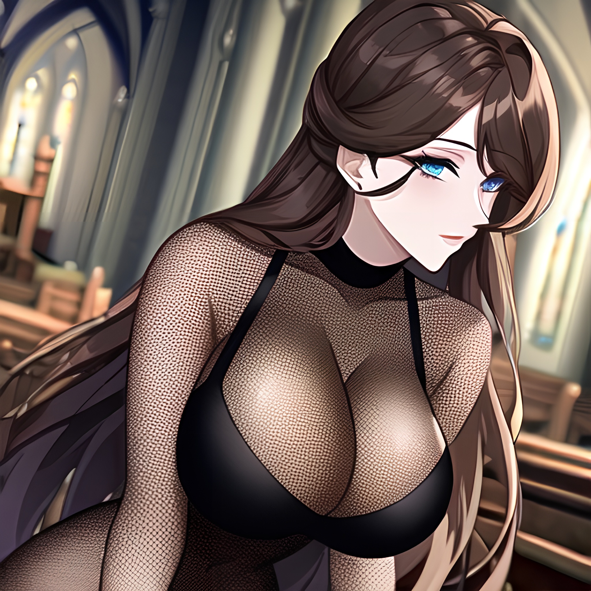 long hair fishnet church messy hair woman brunette 