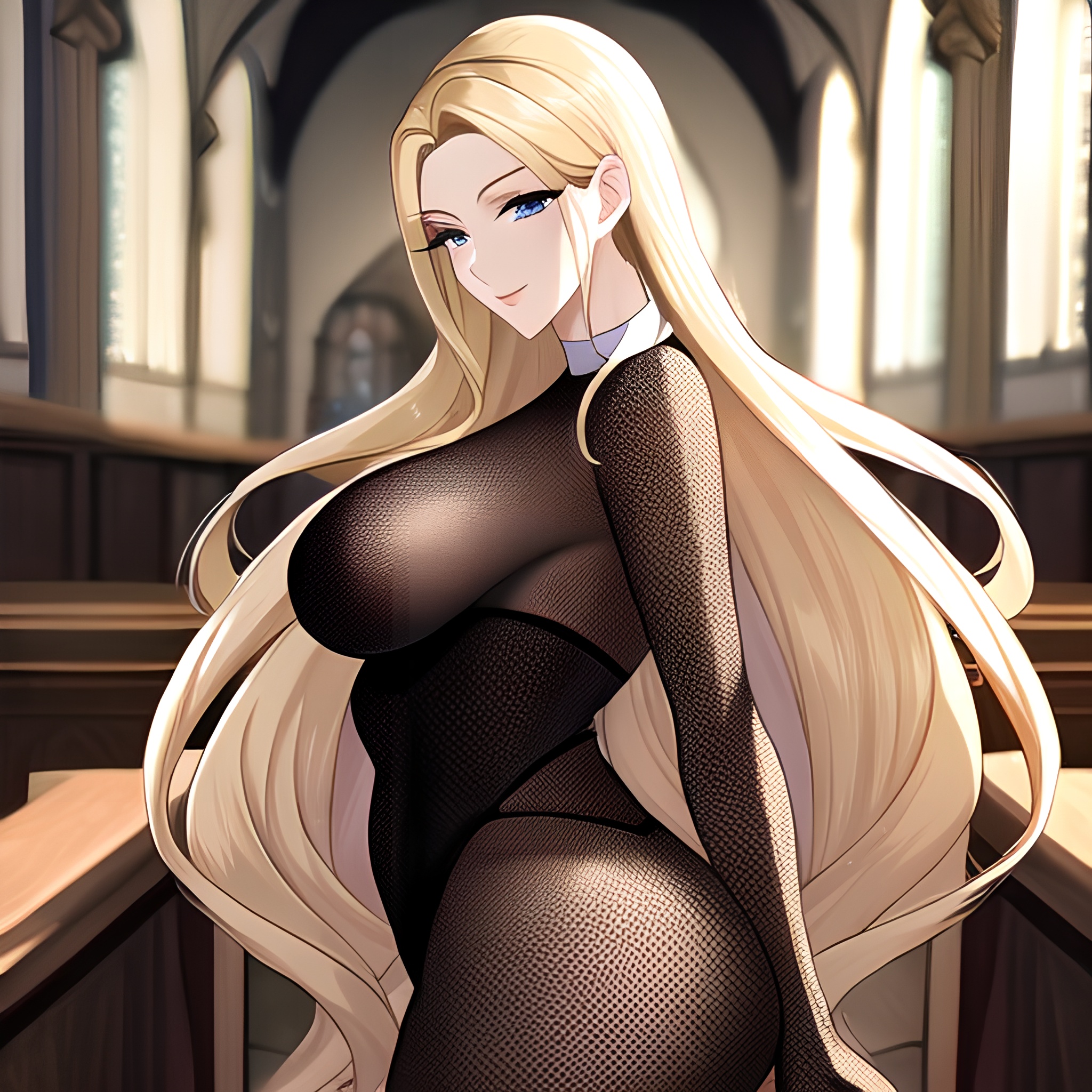 long hair fishnet church woman blonde 